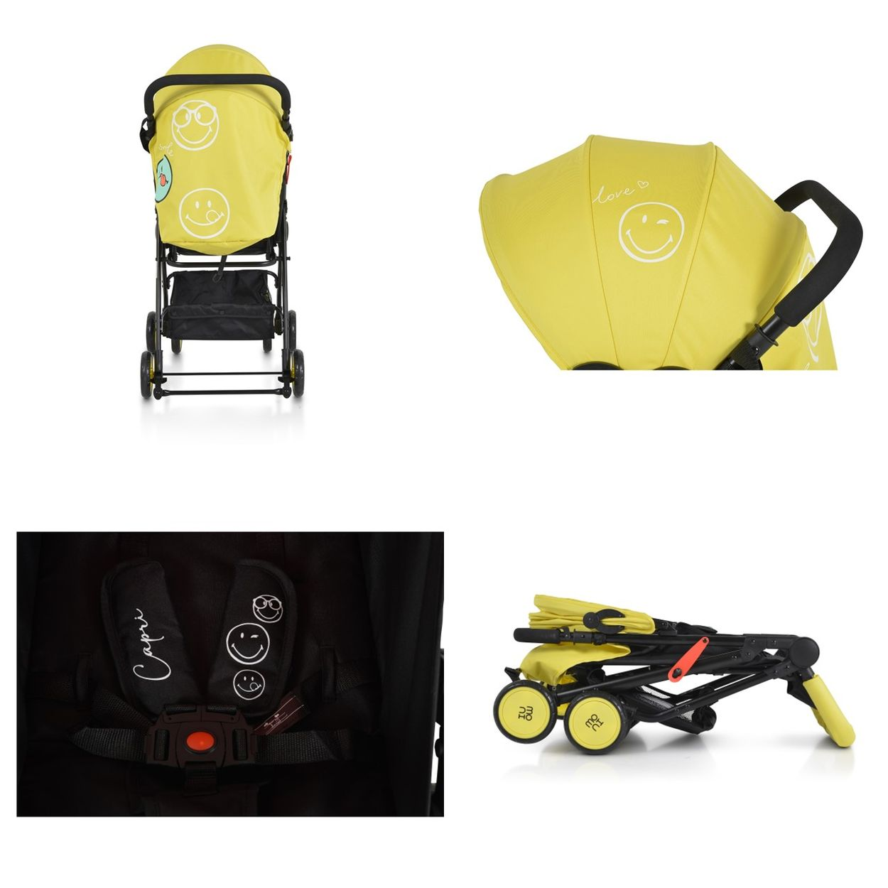 Gelber Kinderwagen mit Smiley-Gesichtern. Details: Verdeck, Sitz, gefaltet.