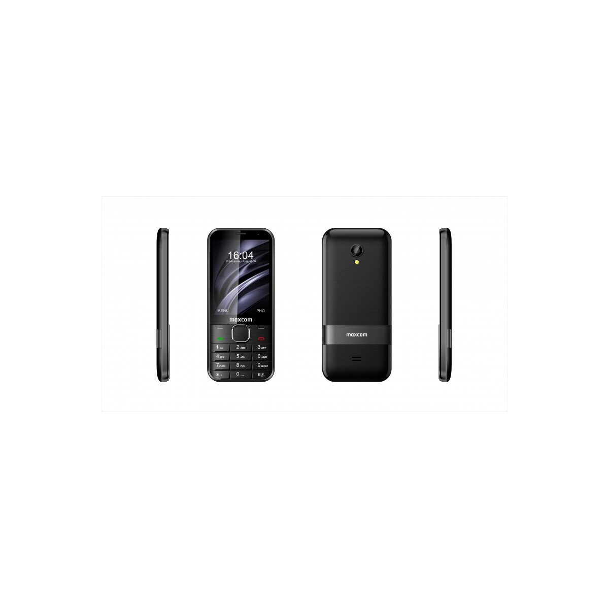 Ein schwarzes Mobiltelefon, aus mehreren Blickwinkeln betrachtet, mit Bildschirm und Tastatur.