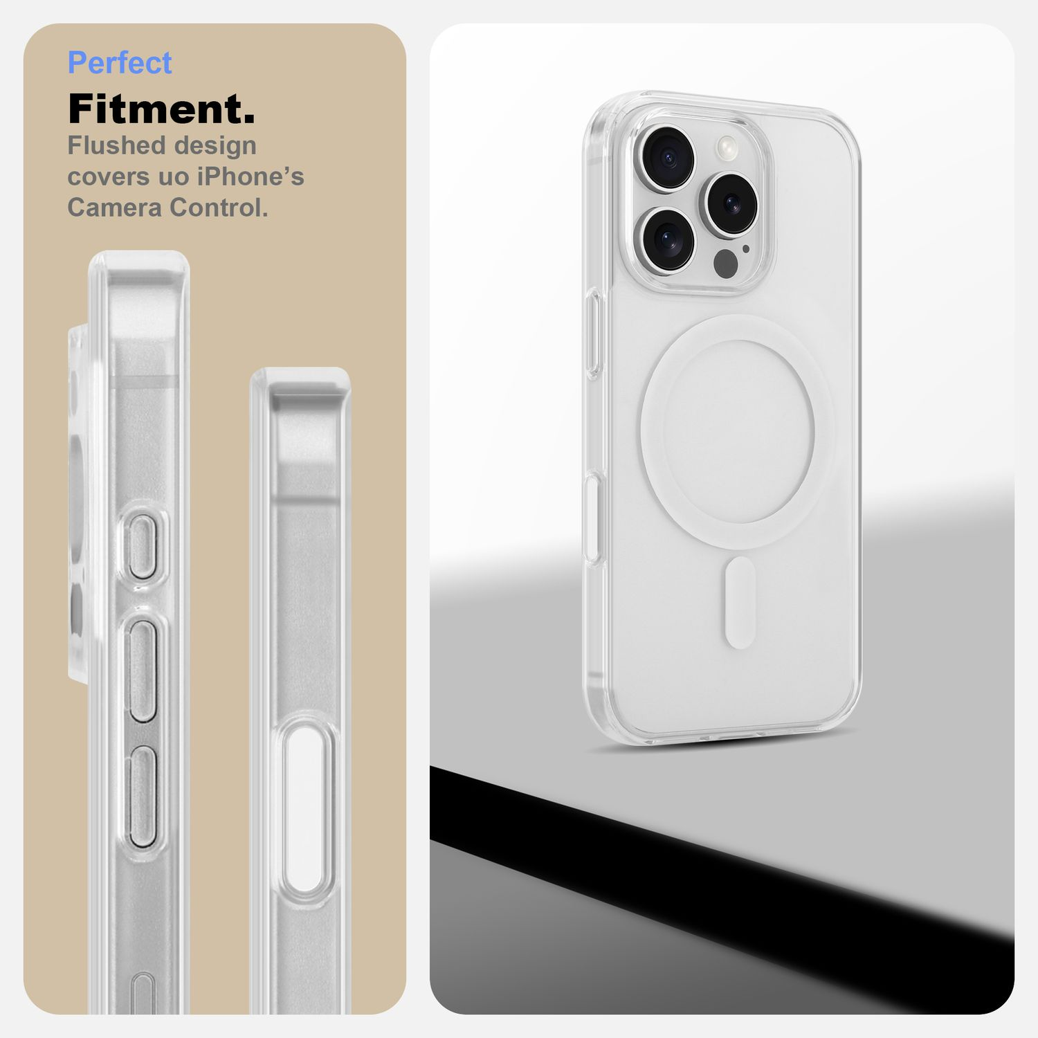 iPhone-Hülle und Seitenansicht. Transparent, zeigt Kamera und Seitentasten. Die Hülle ist klar.