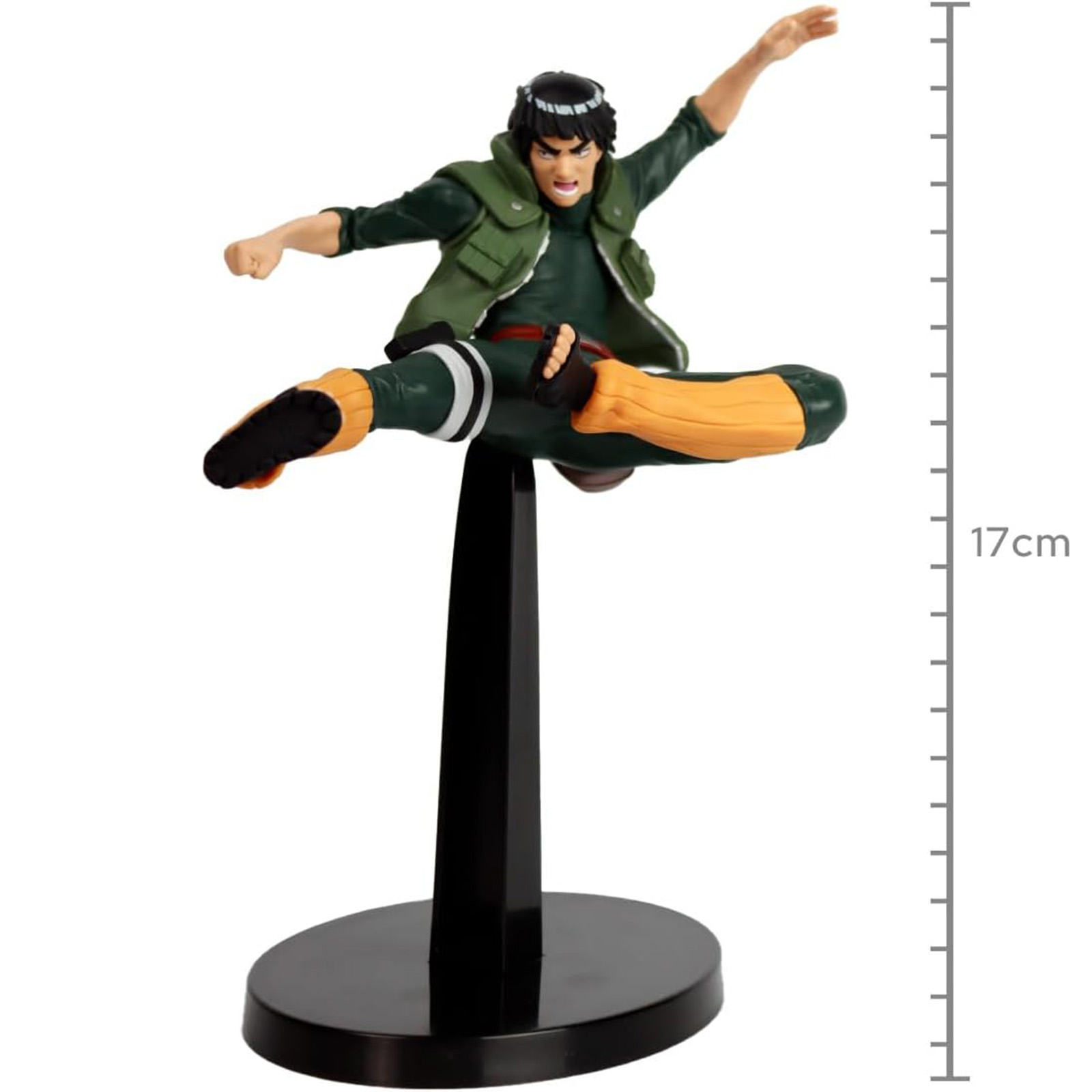 Una figura de acción de Naruto en una pose dinámica. Está sobre un soporte negro y mide 17 cm.