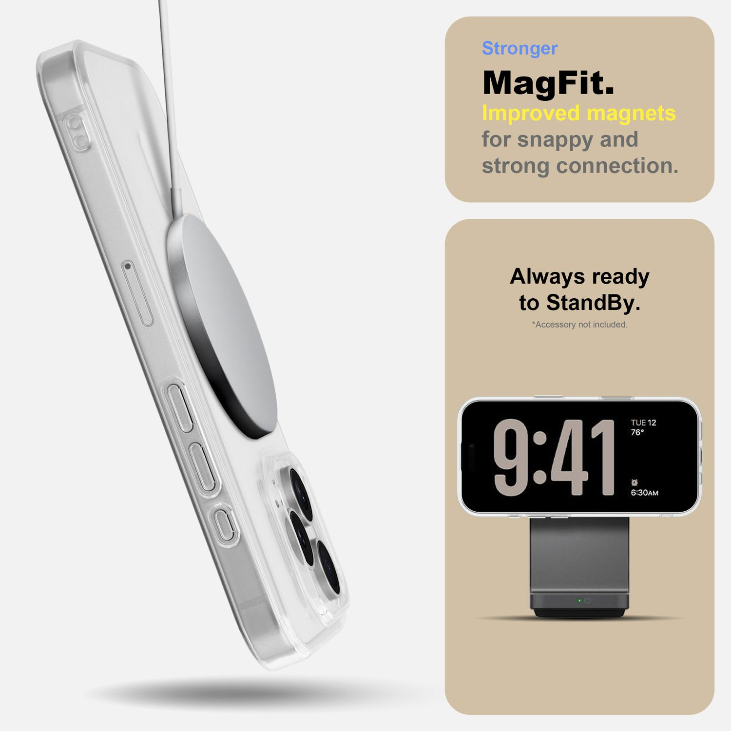 Ein Telefon in einer durchsichtigen Hülle mit einem MagSafe-Ladegerät, neben Informationen über die Magnete.