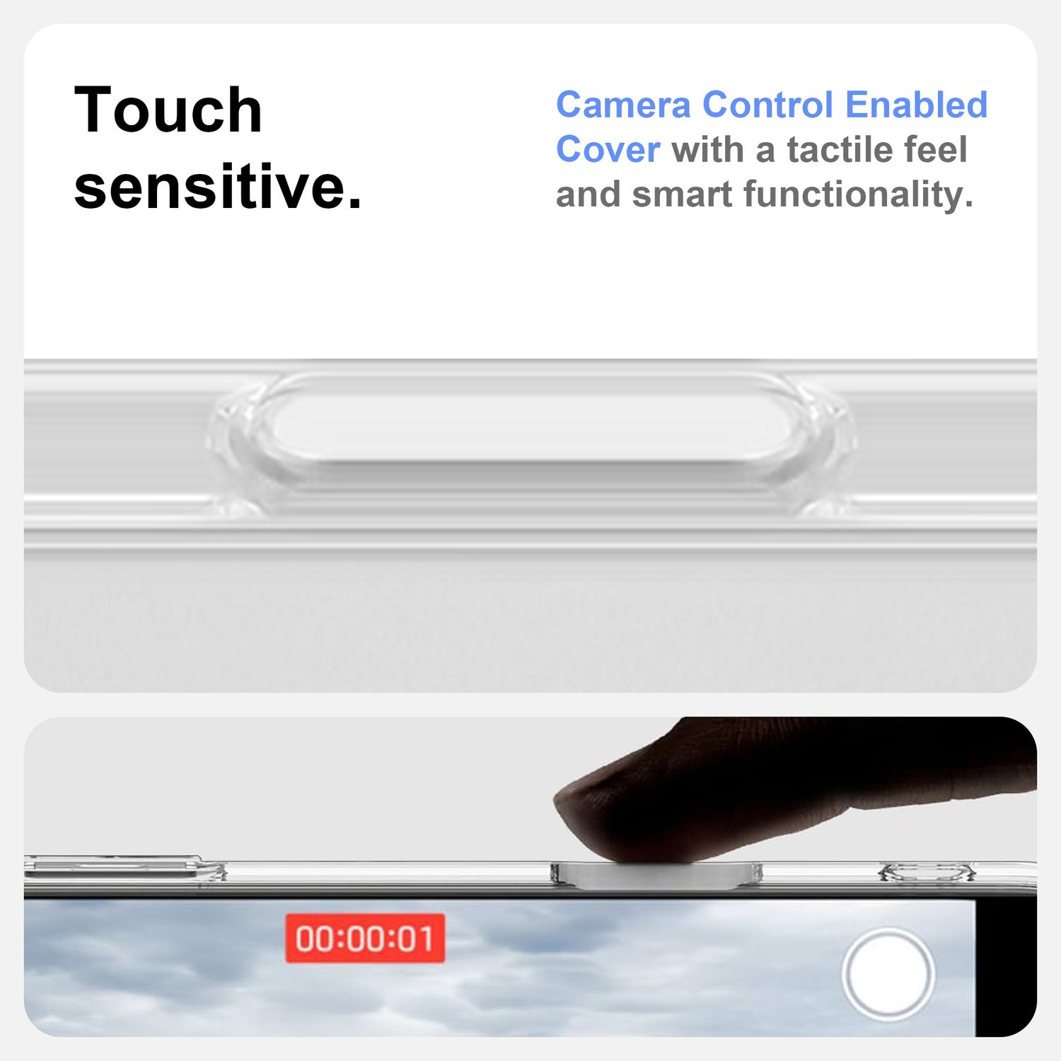 Ein Finger berührt die transparente Bildschirmabdeckung und zeigt einen Timer und einen Videoaufnahmeknopf.