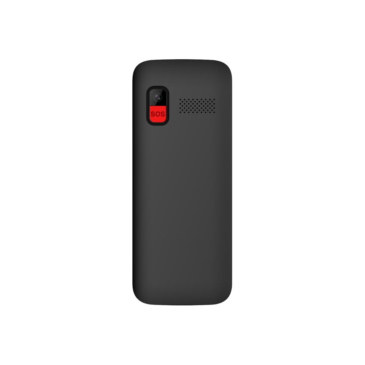 Die Rückseite eines schwarzen Mobiltelefons mit roter SOS-Taste und Lautsprecher.