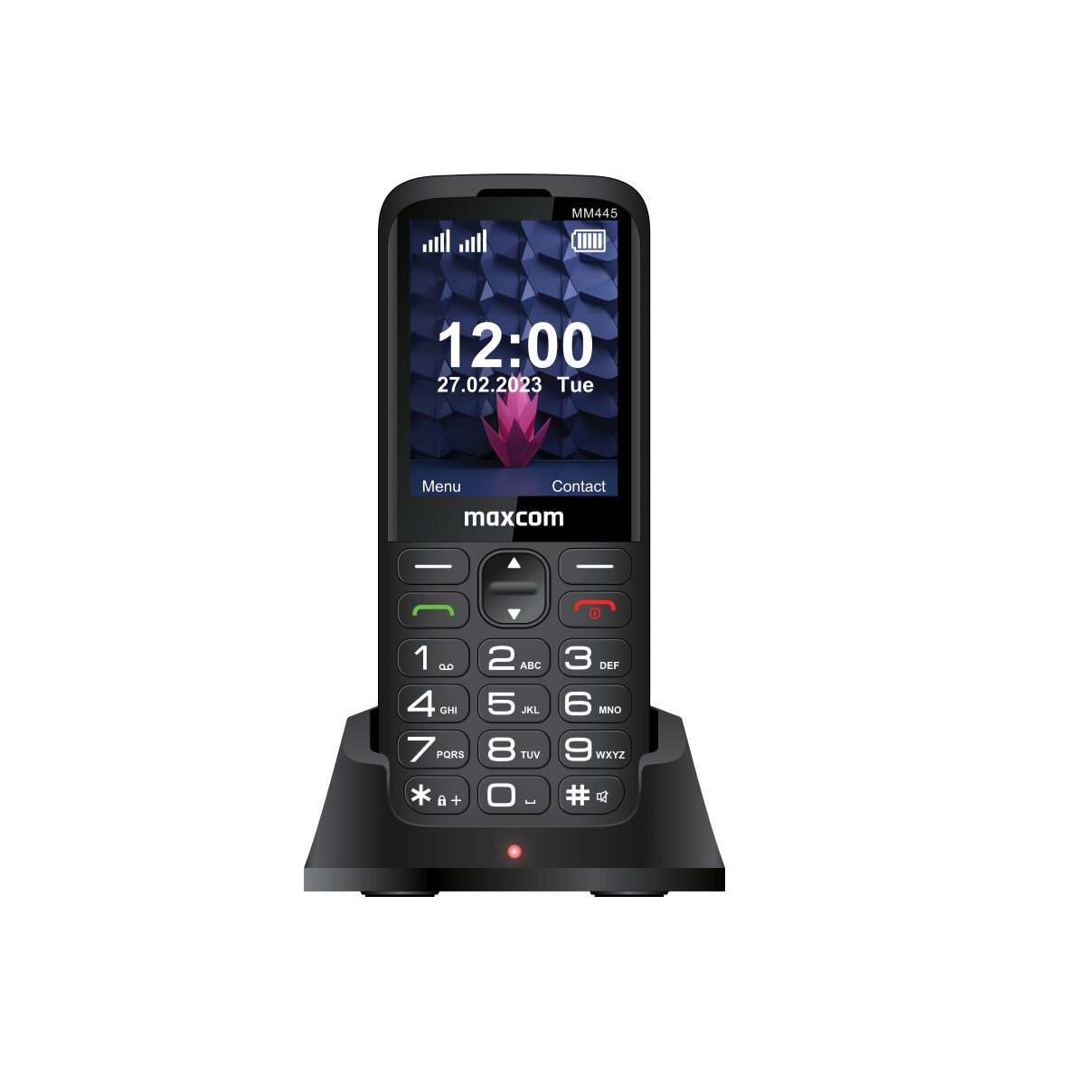 Ein schwarzes Maxcom MM445-Mobiltelefon auf einer Ladestation, mit einer Anzeige der Uhrzeit.