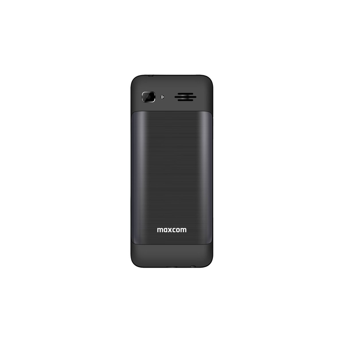 Rückseite eines schwarzen Maxcom-Telefons mit Kamera, Lautsprecher und Markennamen.
