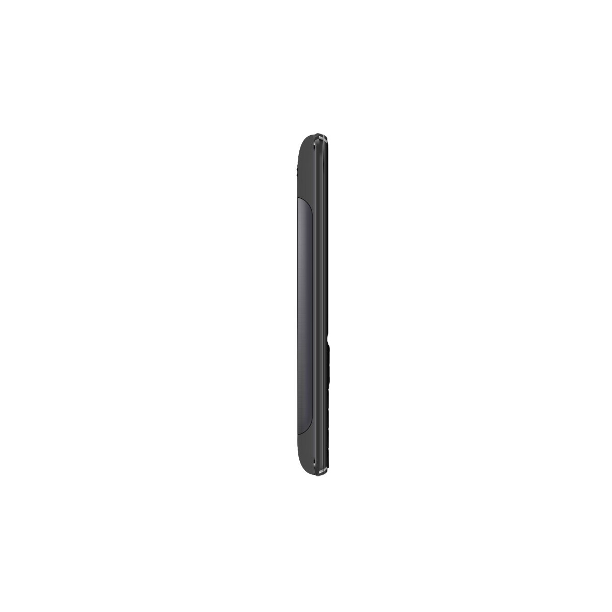 Ein schwarzes Mobiltelefon, von der Seite gesehen, aufrecht stehend vor weißem Hintergrund.