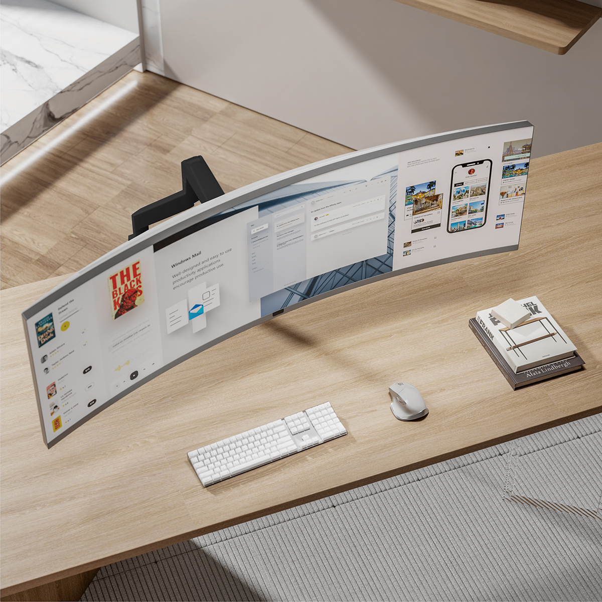 Ein gebogener Ultrawide-Monitor auf einem Schreibtisch. Der Monitor zeigt eine Website, Dokumente und eine Tastatur.