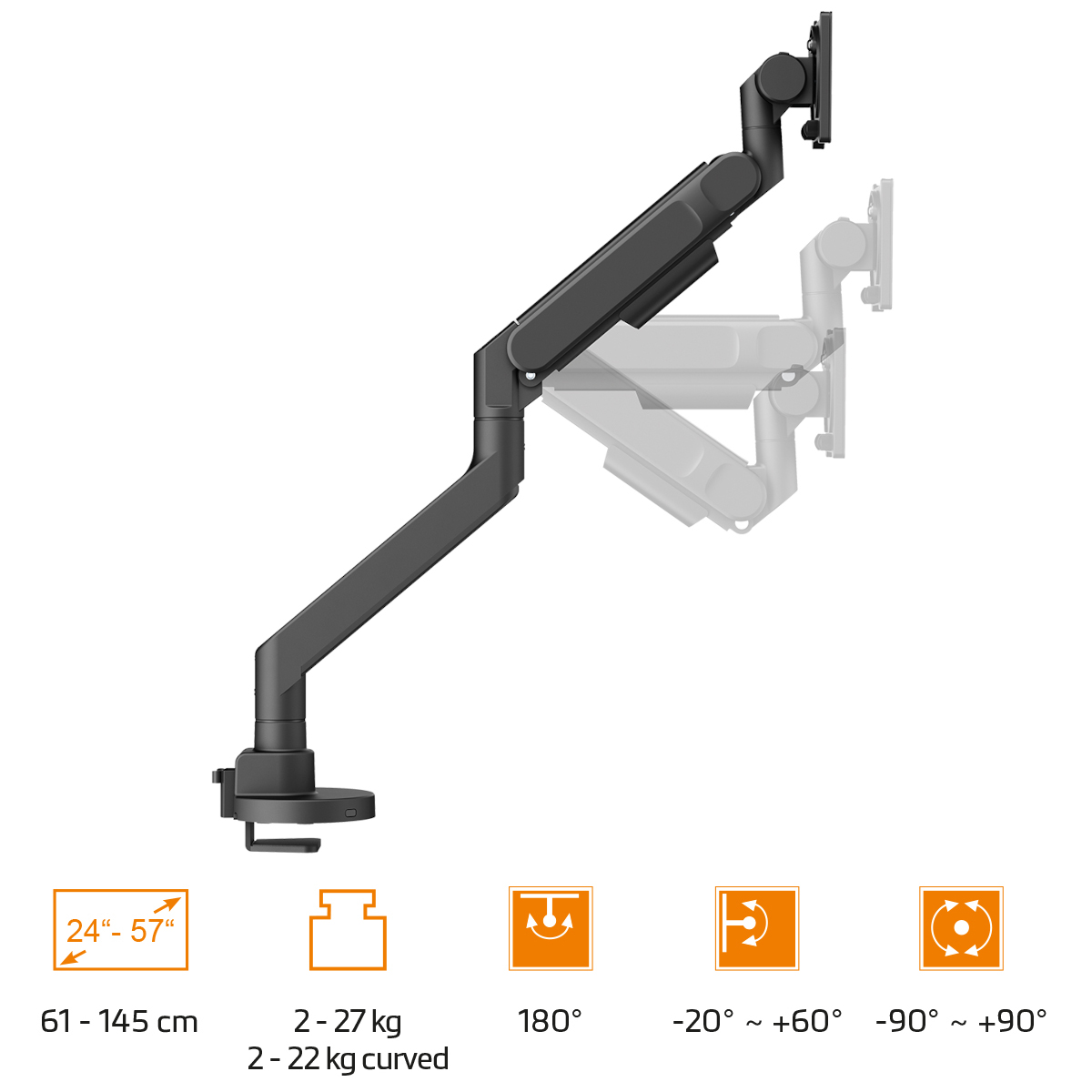 Ein Monitorarm, schwarz, mit verstellbarer Höhe und Drehung.