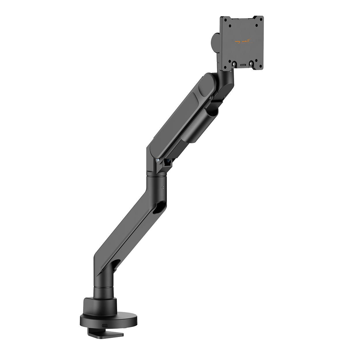 Schwarze und graue Monitorarmhalterung. Sie hat eine Klemme und eine Monitor-Montageplatte.