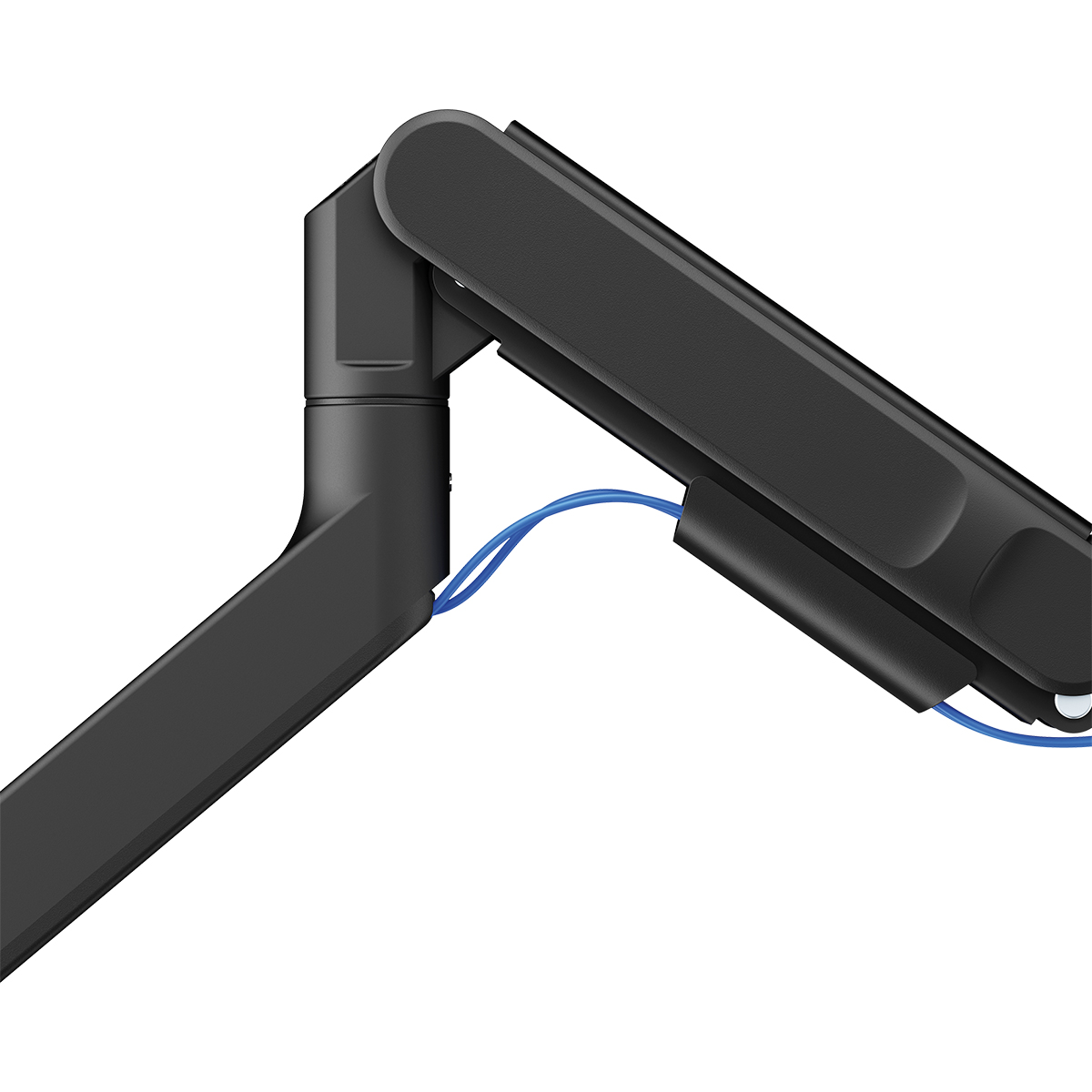 Nahaufnahme eines schwarzen Monitorarms mit einem blauen Kabel, das hindurchführt.