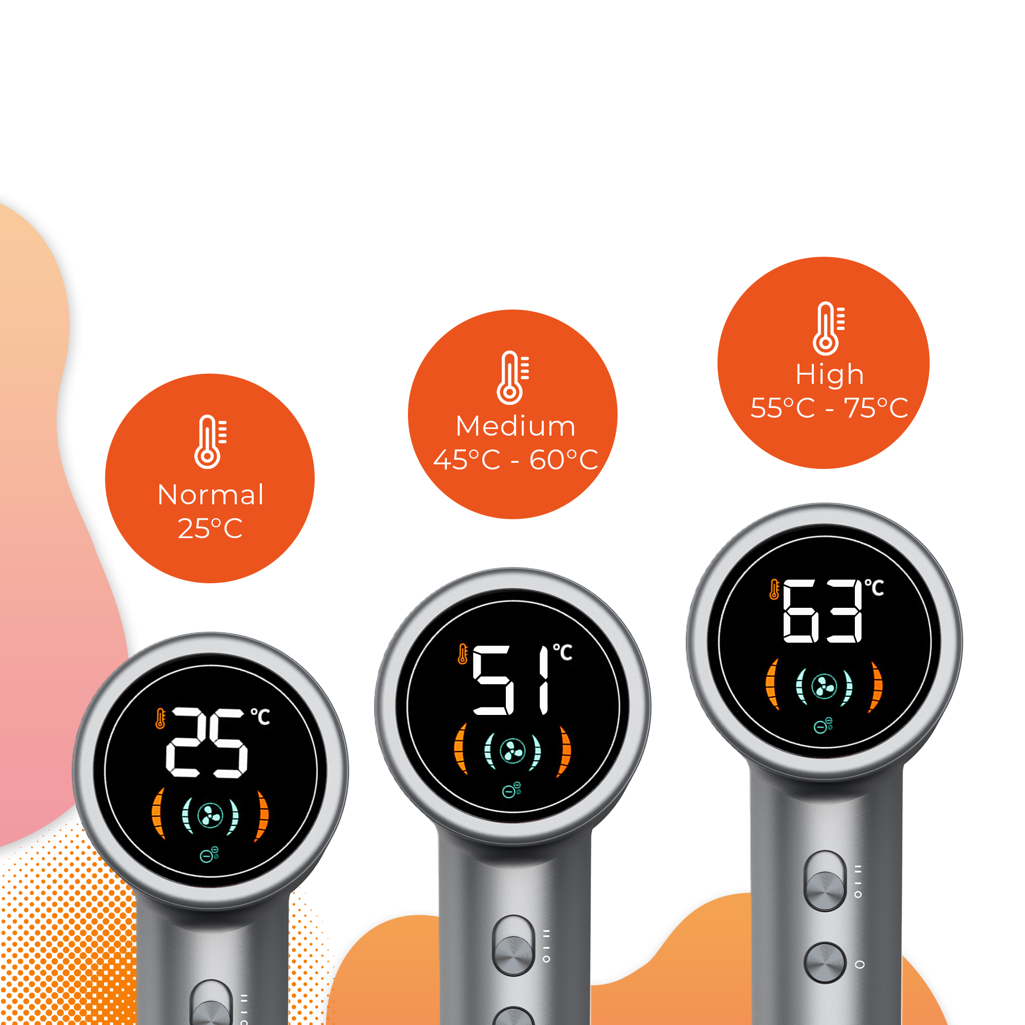 Trzy urządzenia z wyświetlaczami cyfrowymi pokazujące temperatury: Normalna 25°C, Średnia 51°C, Wysoka 63°C.
