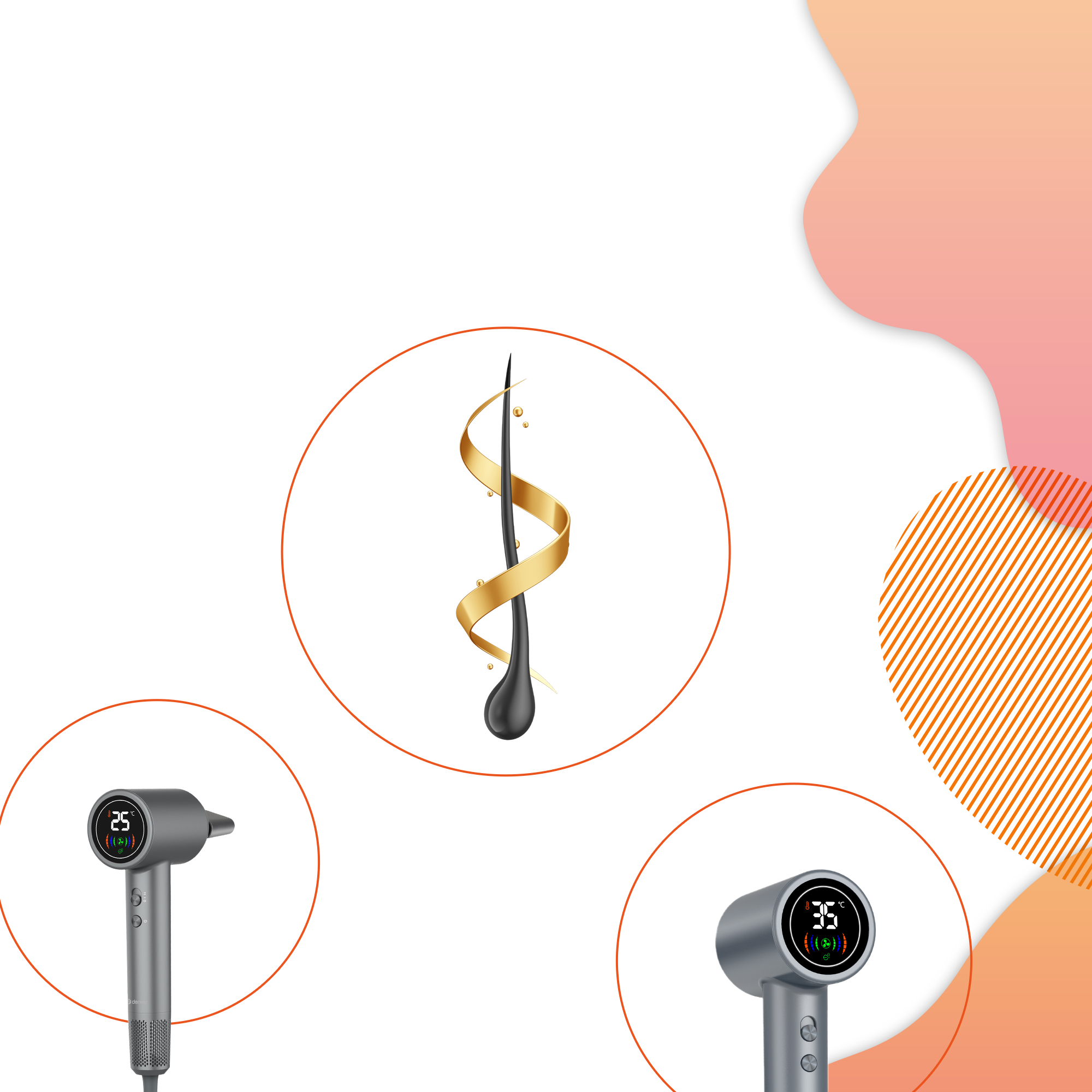 Artystyczna ilustracja włosów ze złotą wstążką i dwiema suszarkami do włosów.