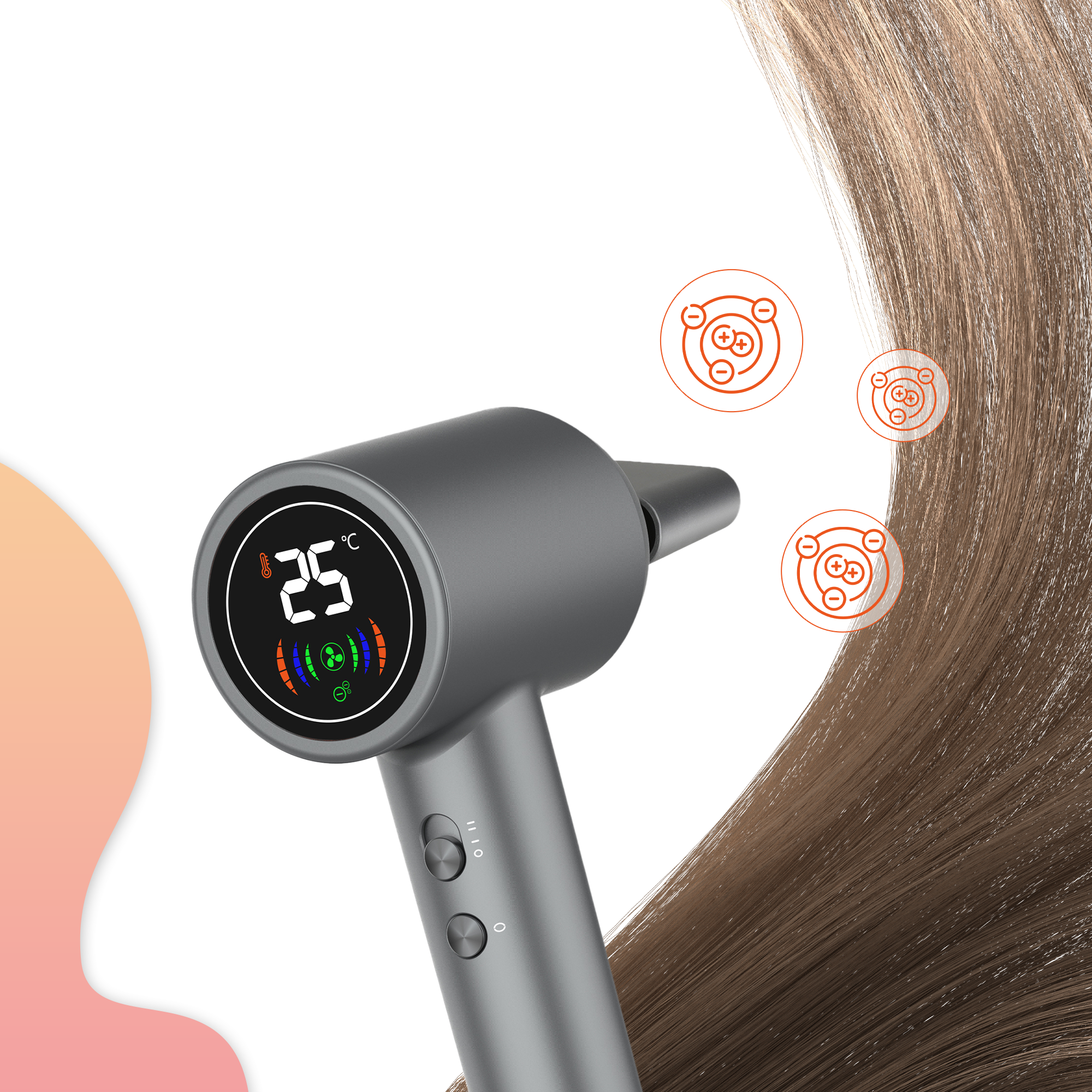 Szara suszarka do włosów z wyświetlaczem. Włosy i czerwone okręgi w tle. Ustawienie suszarki to 25.