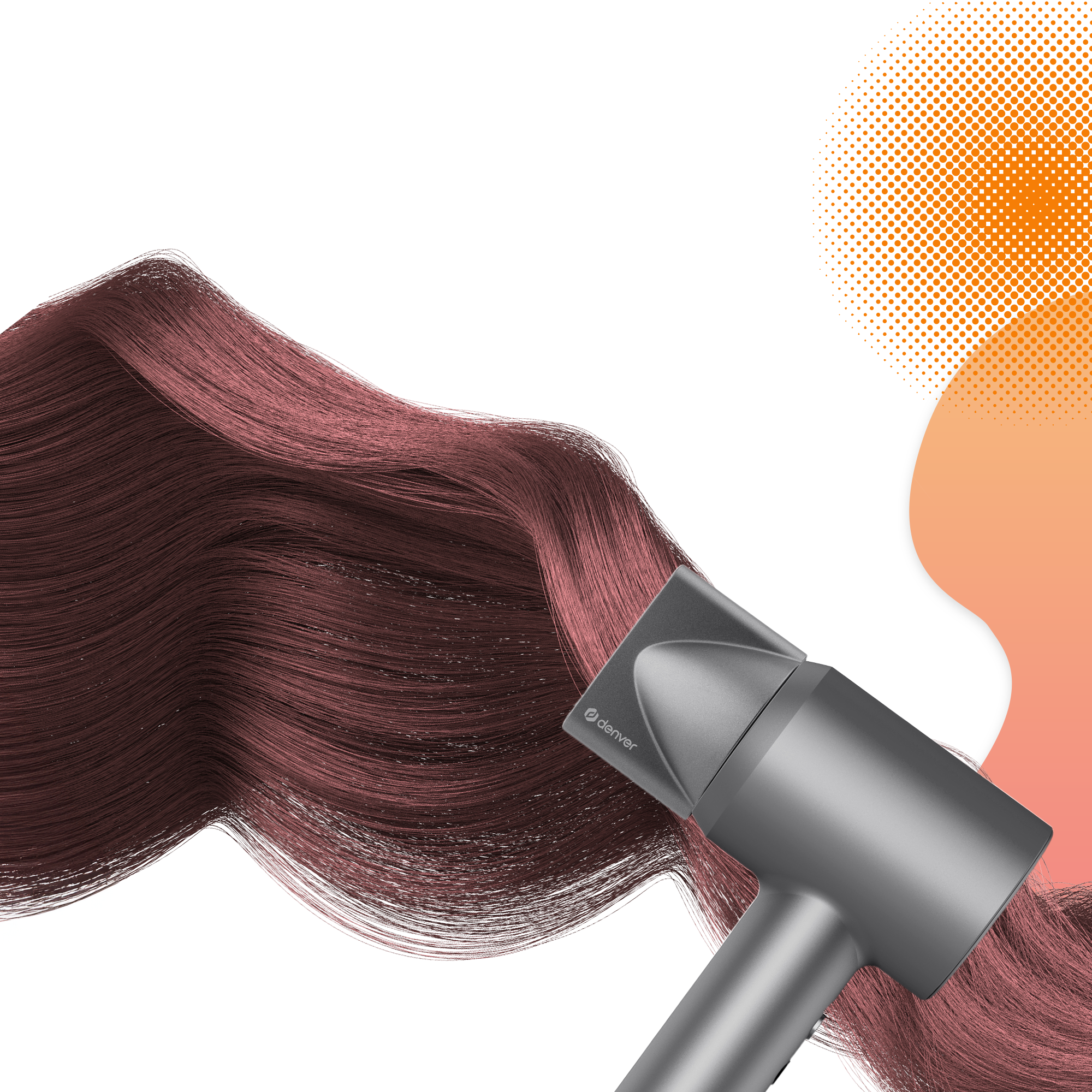 Suszarka do włosów z ciemnymi włosami. Białe tło z pomarańczowymi i białymi kształtami.