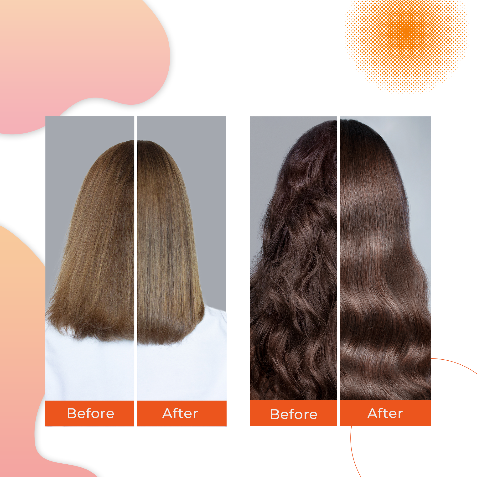 Przed i po zabiegu na włosach. Włosy są prostowane i zmieniają się z brązowych na czarne.