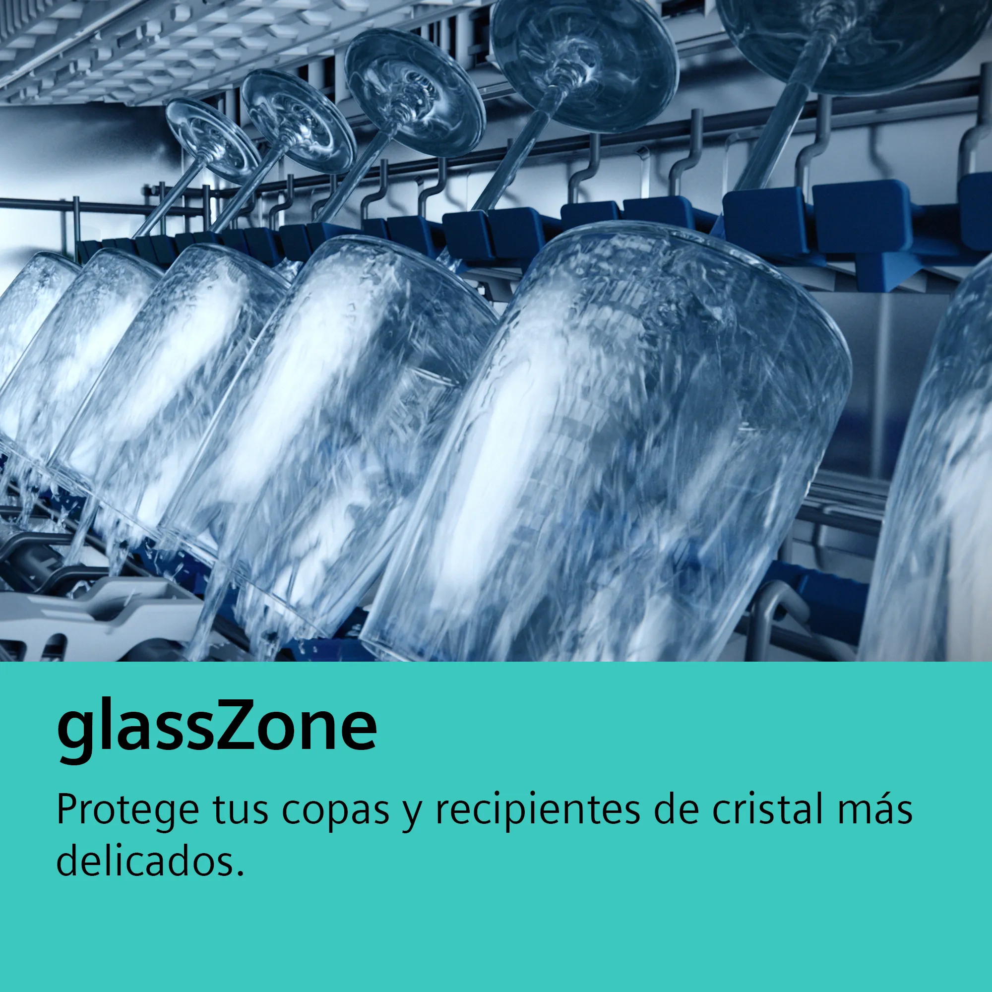 Un lavavajillas con vasos dentro. El texto dice: glassZone.