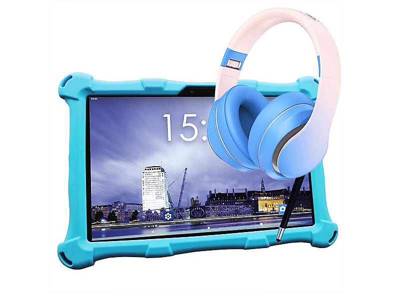 ANGELTECH XL, Kinder Tablet, 96 GB, 10 Zoll, Blau mit Kopfhörer