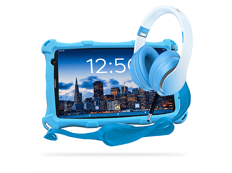 ANGELTECH PRO MAX, Kinder Tablet, 128 GB, 8 Zoll, Blau mit Kopfhörer