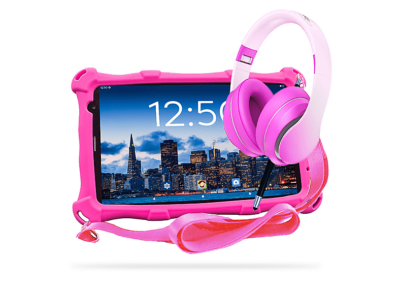 ANGELTECH PRO MAX, Kinder Tablet, 128 GB, 8 Zoll, Rosa mit kopfhörer