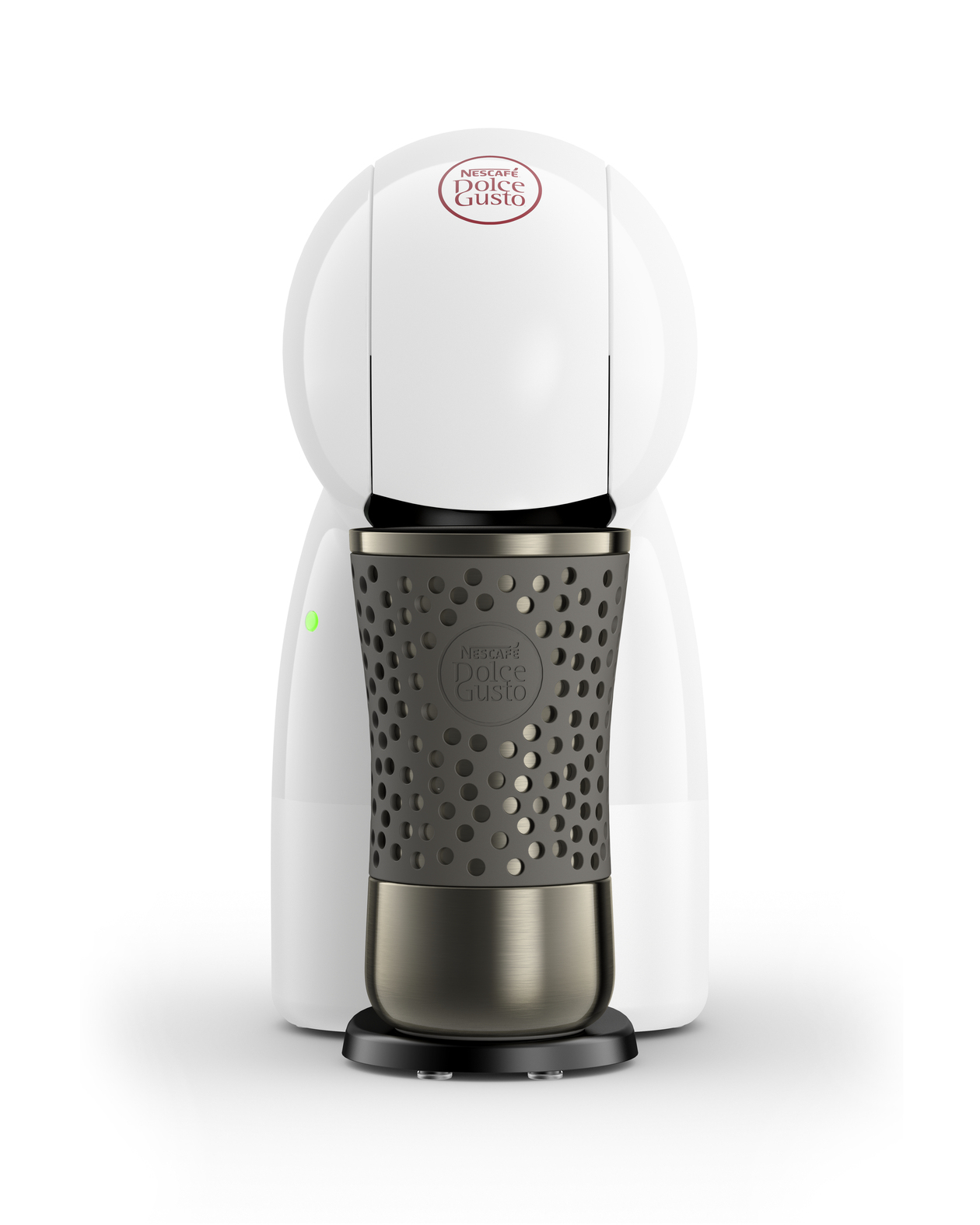 Una macchina da caffè bianca Nescafé Dolce Gusto con un inserto per tazza da caffè grigio scuro.