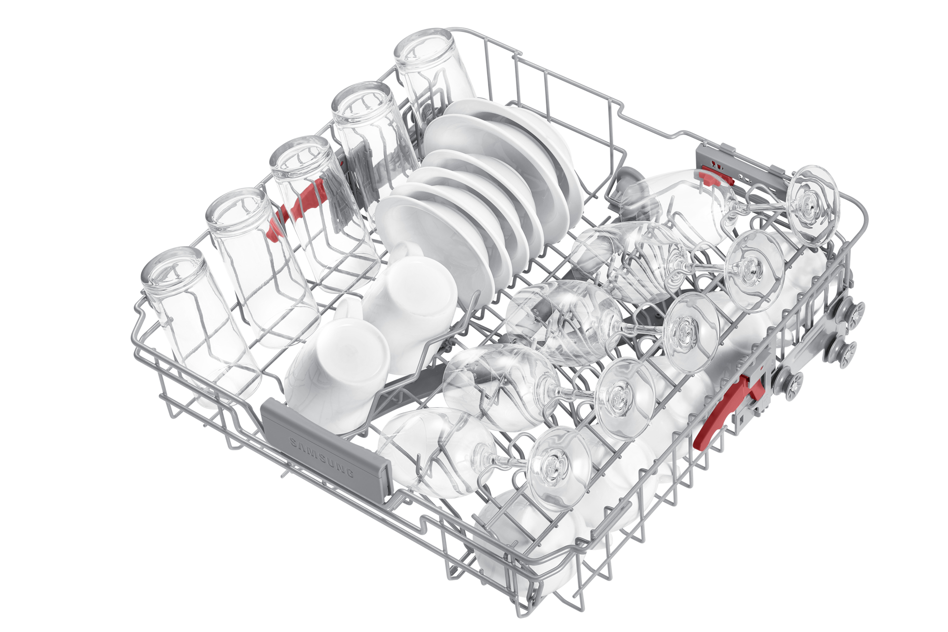 Koszyk zmywarki wypełniony naczyniami, szklankami i filiżankami, starannie ułożonymi.