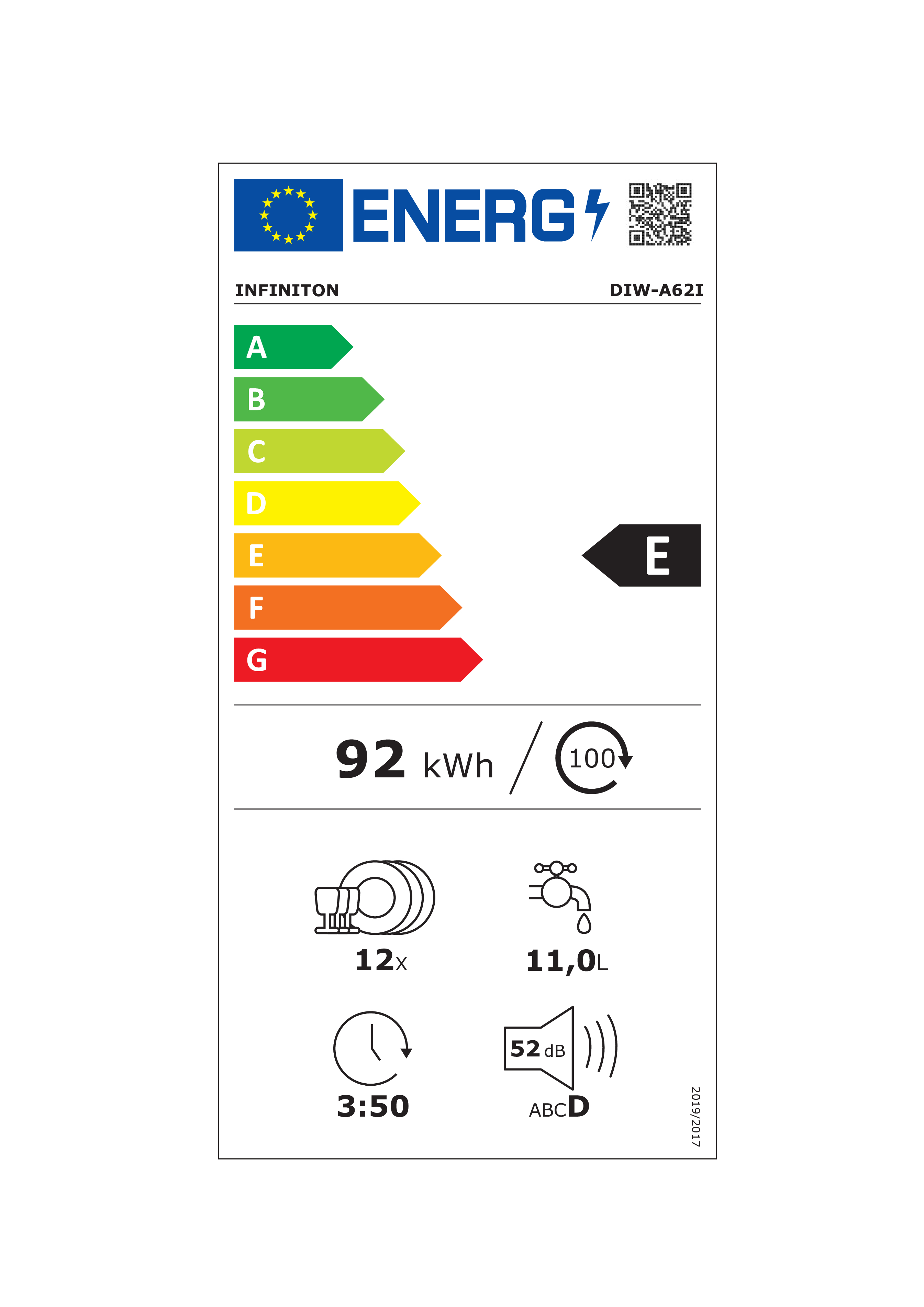 Etiqueta energética con clasificación E. Muestra detalles, iconos y cifras.