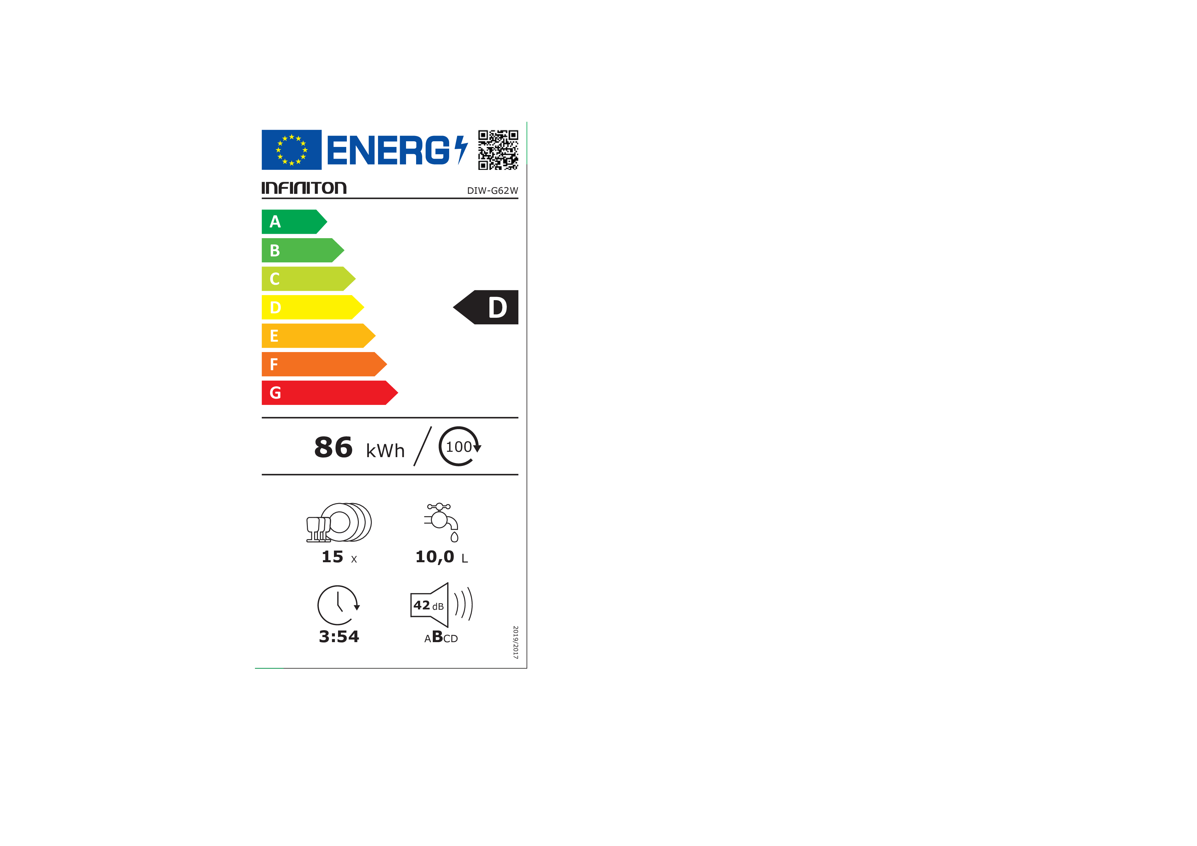 Etiqueta energética de lavavajillas con clase D y otros datos.