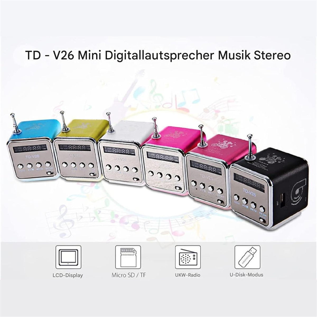 Bunte Mini-Digital-Musikplayer in einer Reihe, mit Symbolen darunter.