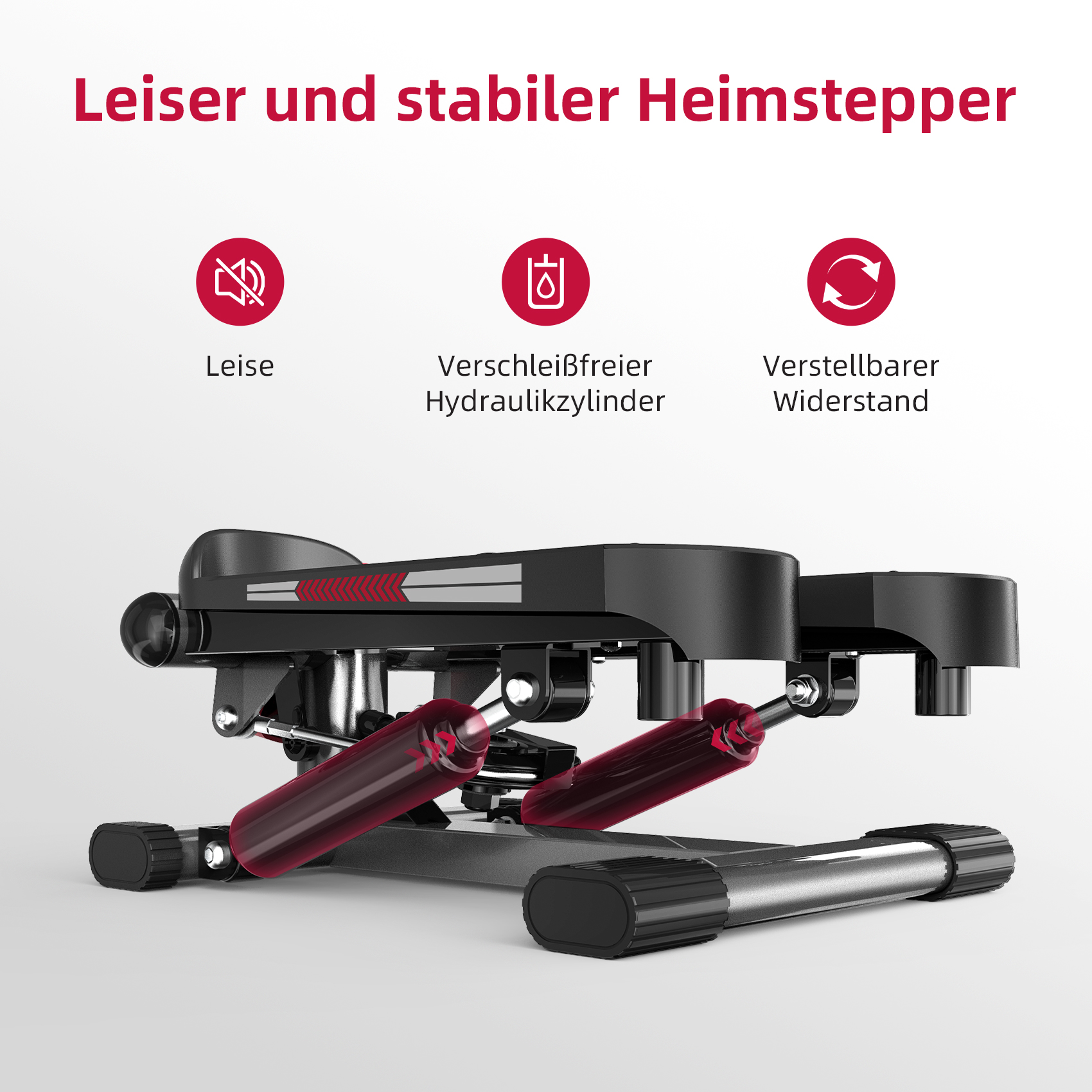 Ein Heim-Stepper mit roten Zylindern und Symbolen für leise, Hydraulikzylinder und einstellbaren Widerstand.