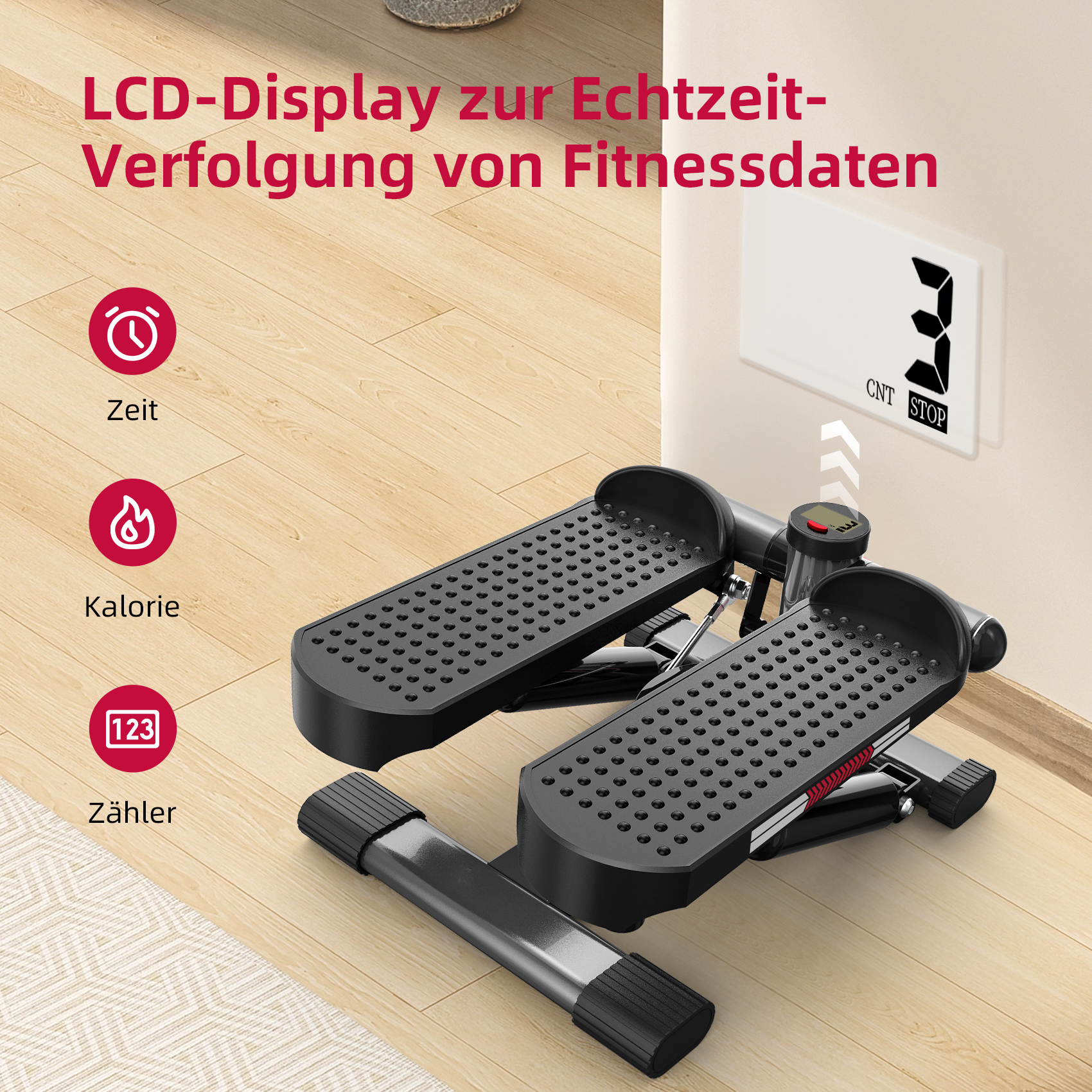 Stepper mit schwarzen Stufen und Anzeige von Zeit, Kalorien und Zähler.