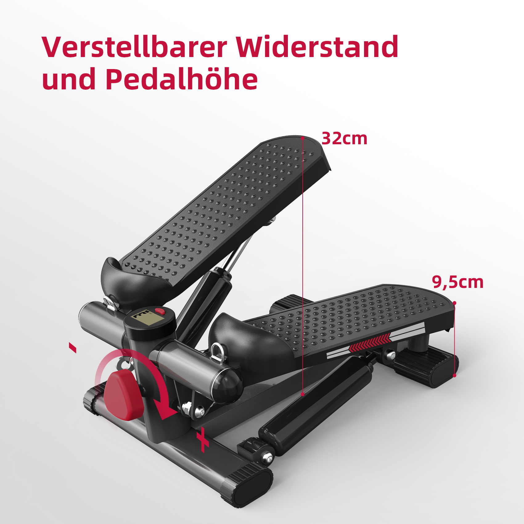 Eine Trainings-Stepper-Maschine mit einstellbarem Widerstand und Pedalhöhe wird gezeigt.