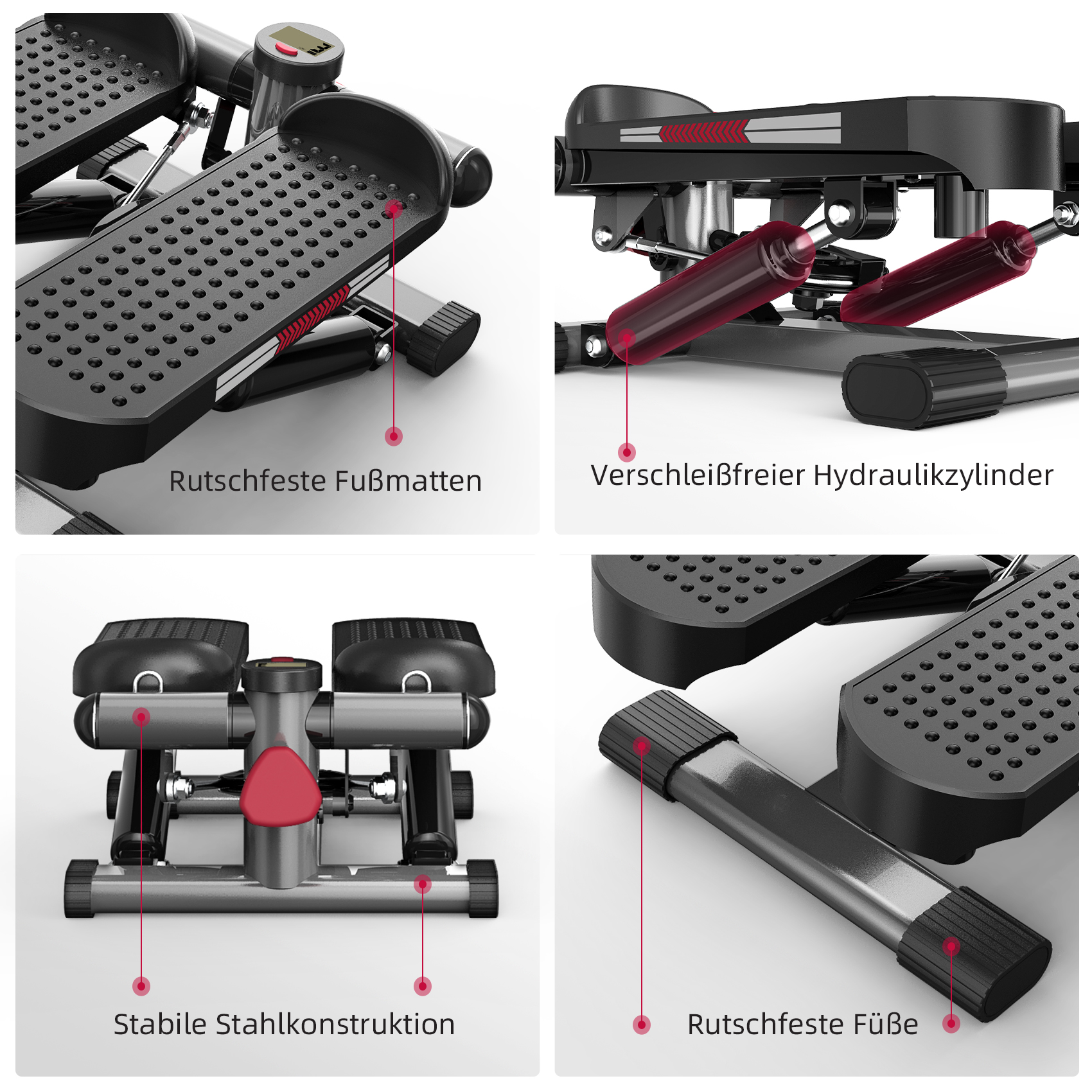 Collage einer Stepper-Maschine mit Details wie Fußmatten und Zylindern.