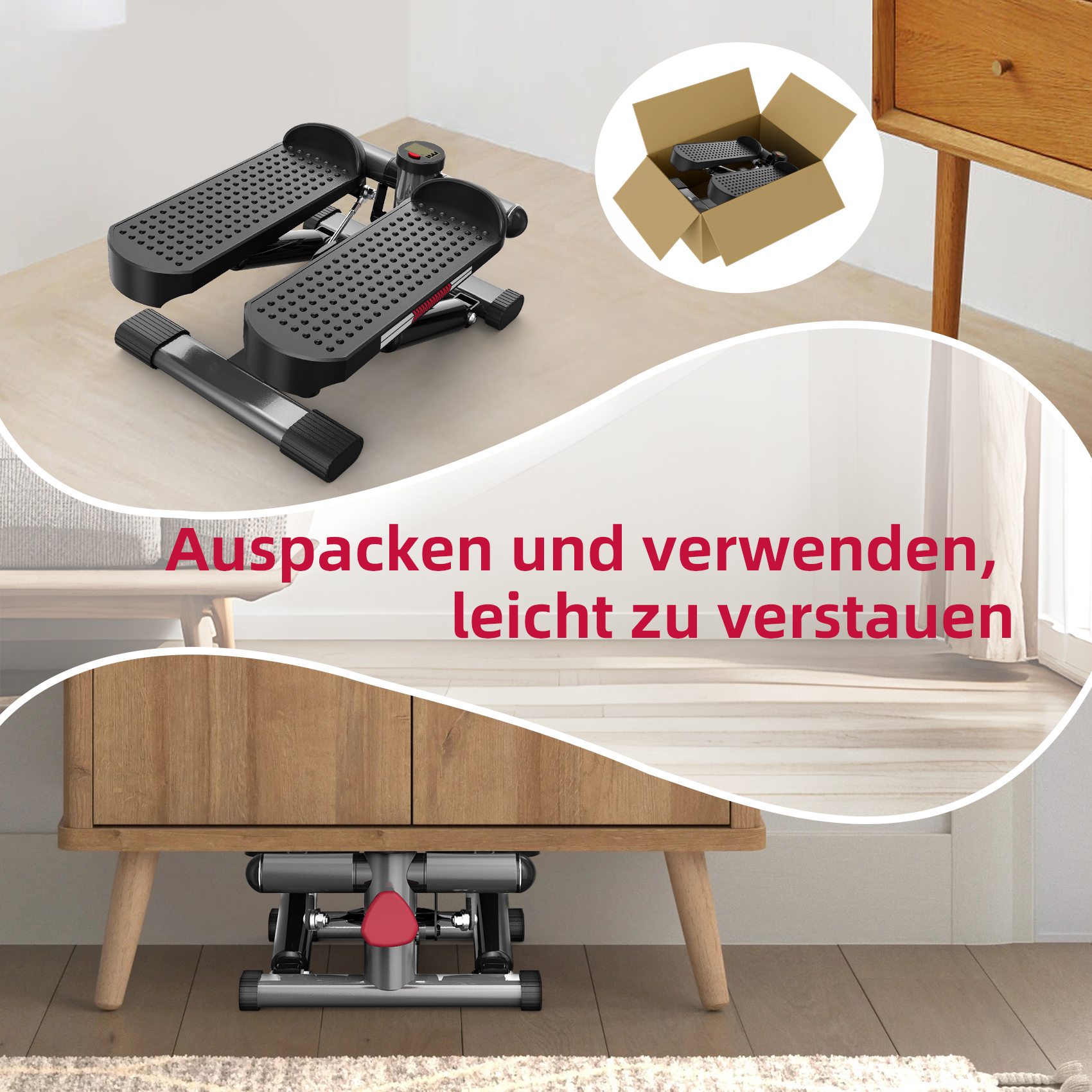 Ein Stepper-Gerät in einem Raum mit dem Text "Auspacken und verwenden, leicht zu verstauen".