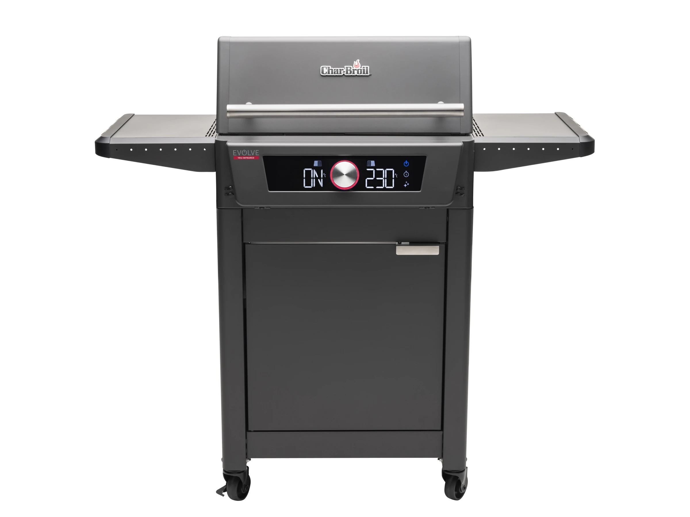 Char-Broil Evolve Grill auf weißem Hintergrund, mit digitalen Bedienelementen und geschlossenem Deckel.