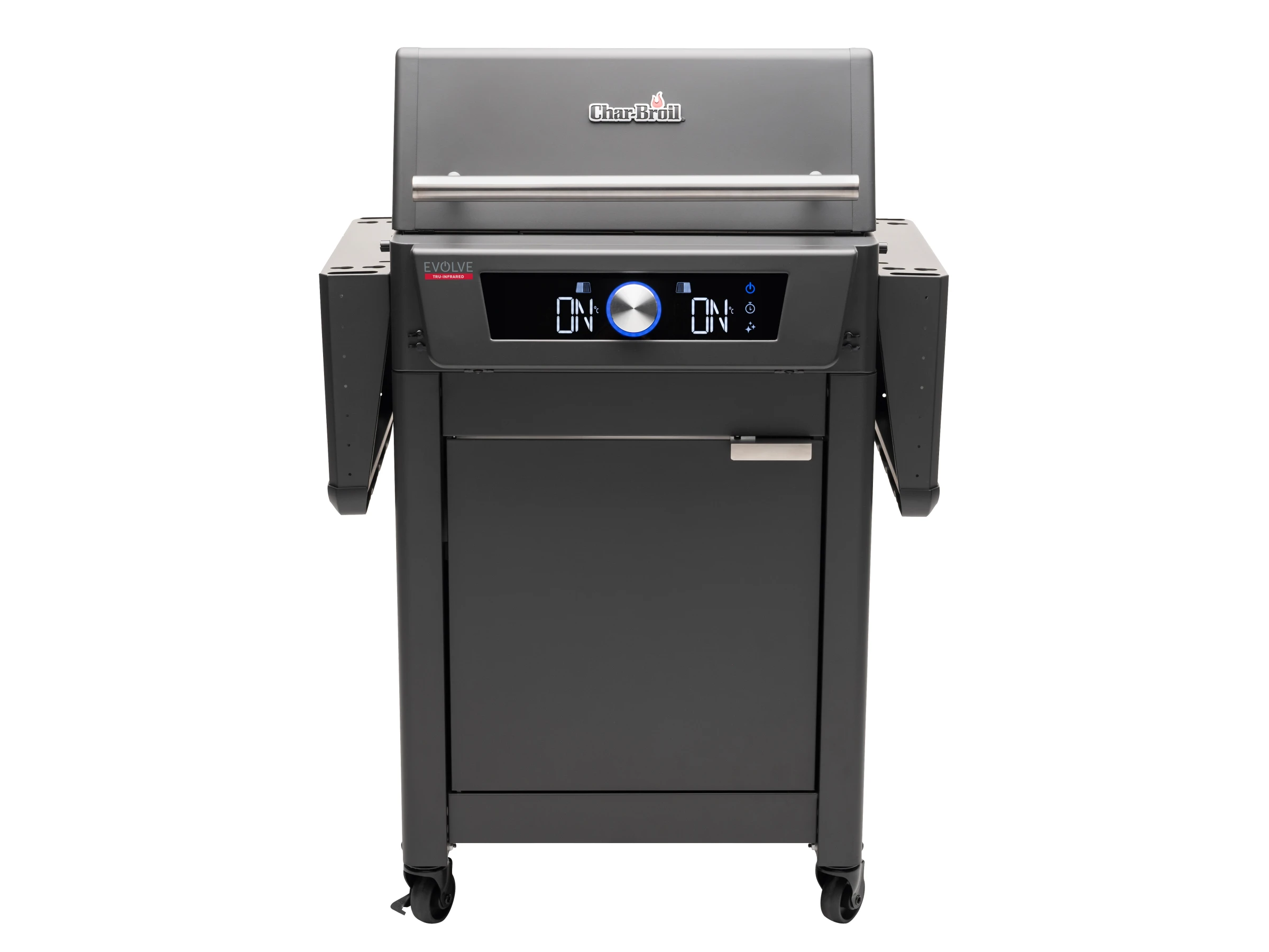 Dunkelgrauer Char-Broil Grill mit geschlossenem Deckel. Mit 'ON' Anzeige auf weißem Hintergrund.