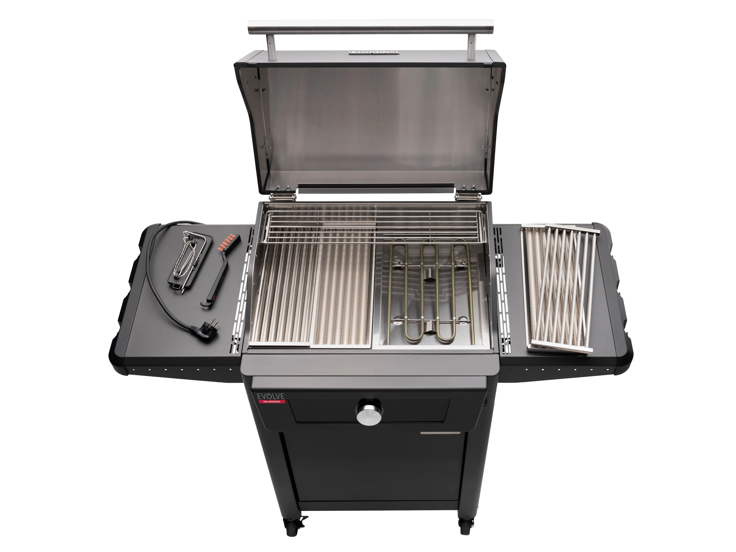Ein schwarzer elektrischer Außengrill, geöffnet und einsatzbereit, mit Zubehör.