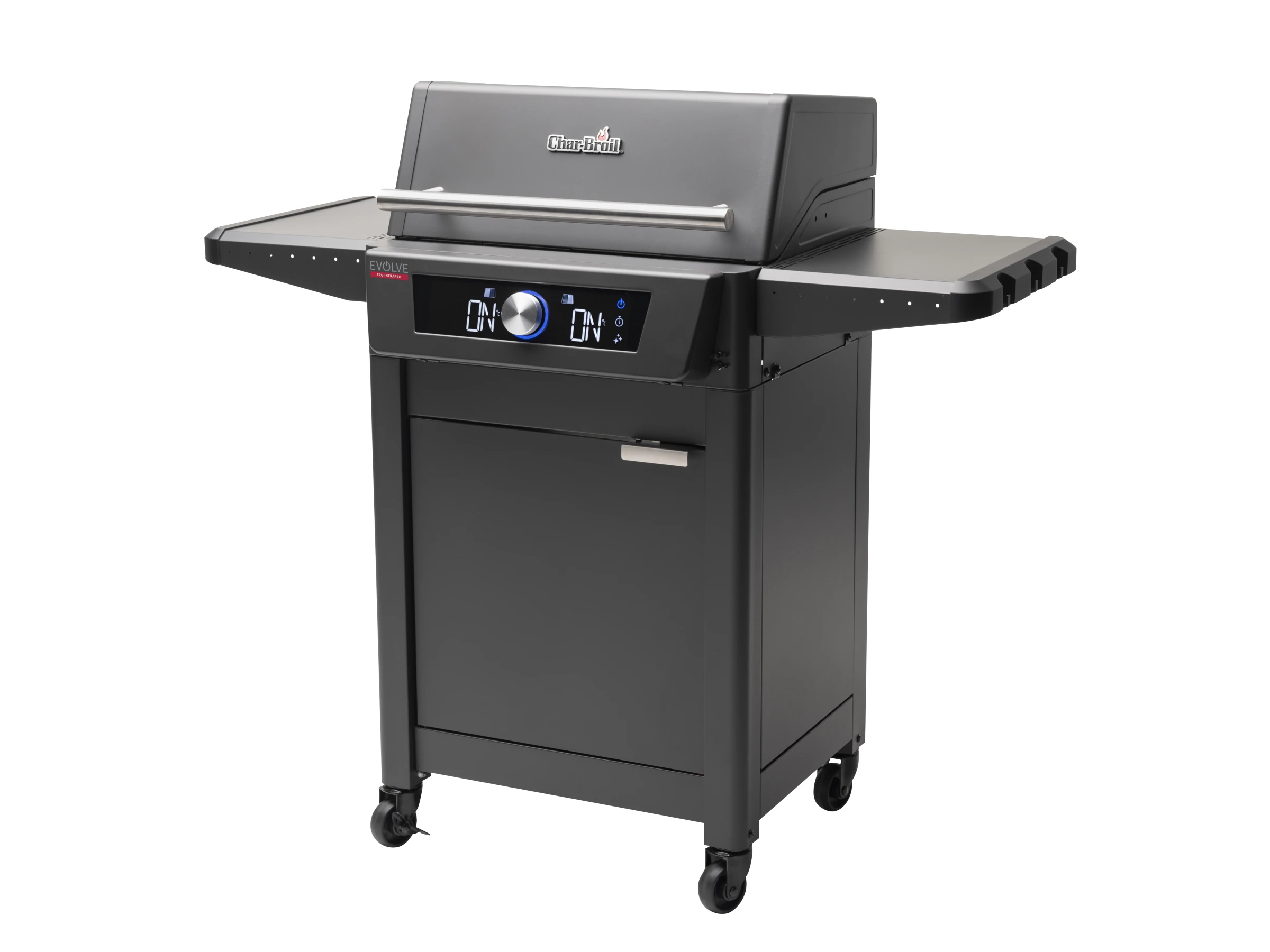 Schwarzer Char-Broil Evolve Grill mit digitaler Steuerung, Seitenablagen und Rädern.