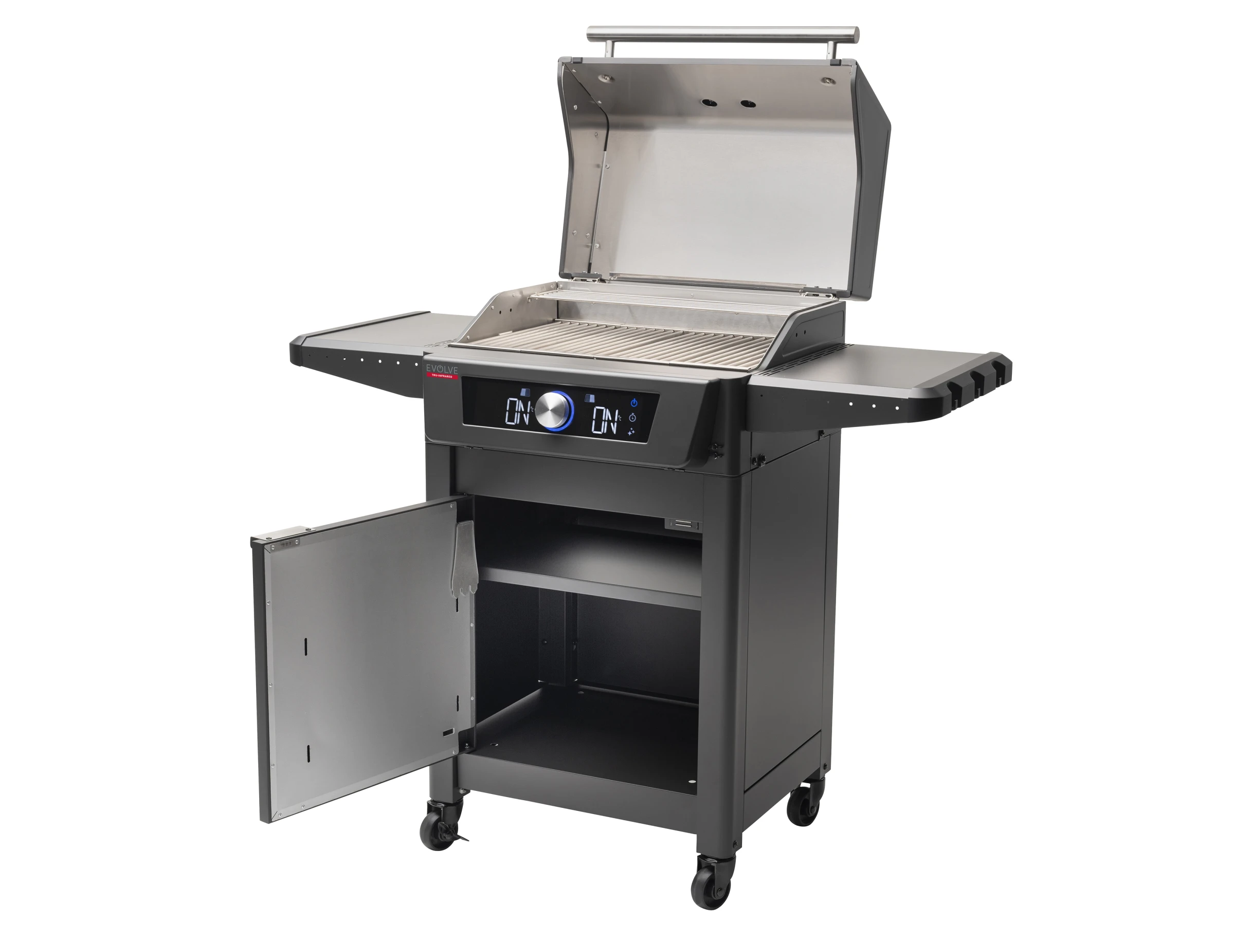 Schwarzer und silberner Außengrill mit offenem Deckel und leicht geöffneter Tür. Der Grill steht auf Rädern.