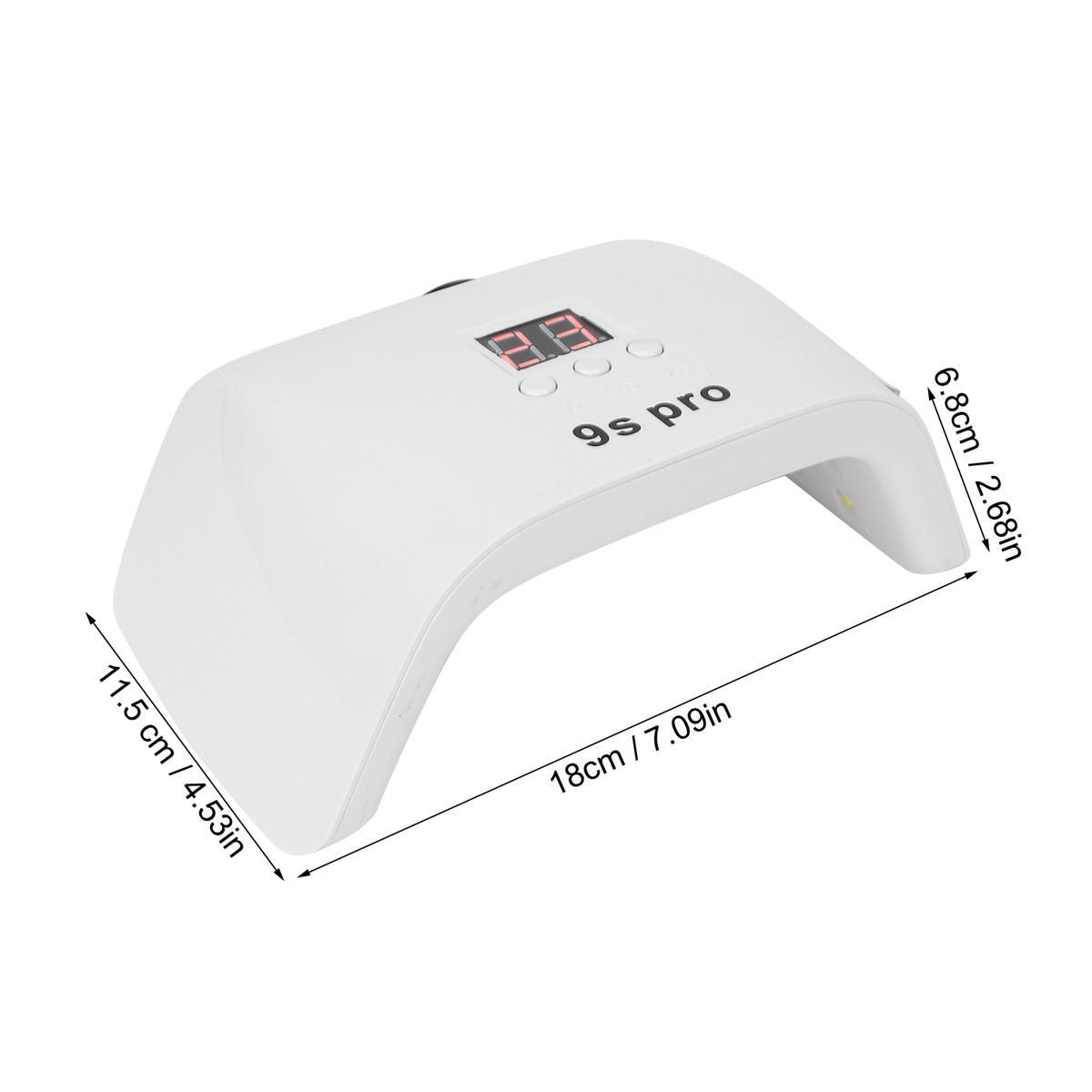 Ein weißer Nageltrockner mit LED-Anzeige, die Einstellungen und Abmessungen in Zentimetern zeigt.