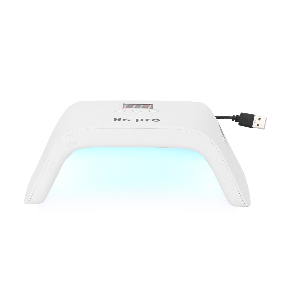Weißer Nageltrockner mit USB-Kabel, blaues Licht innen, isoliert.