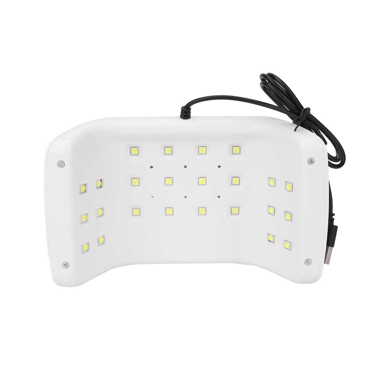 Weiße Nagellampe mit LED-Lichtern im Inneren, ein schwarzes Kabel erstreckt sich von oben.