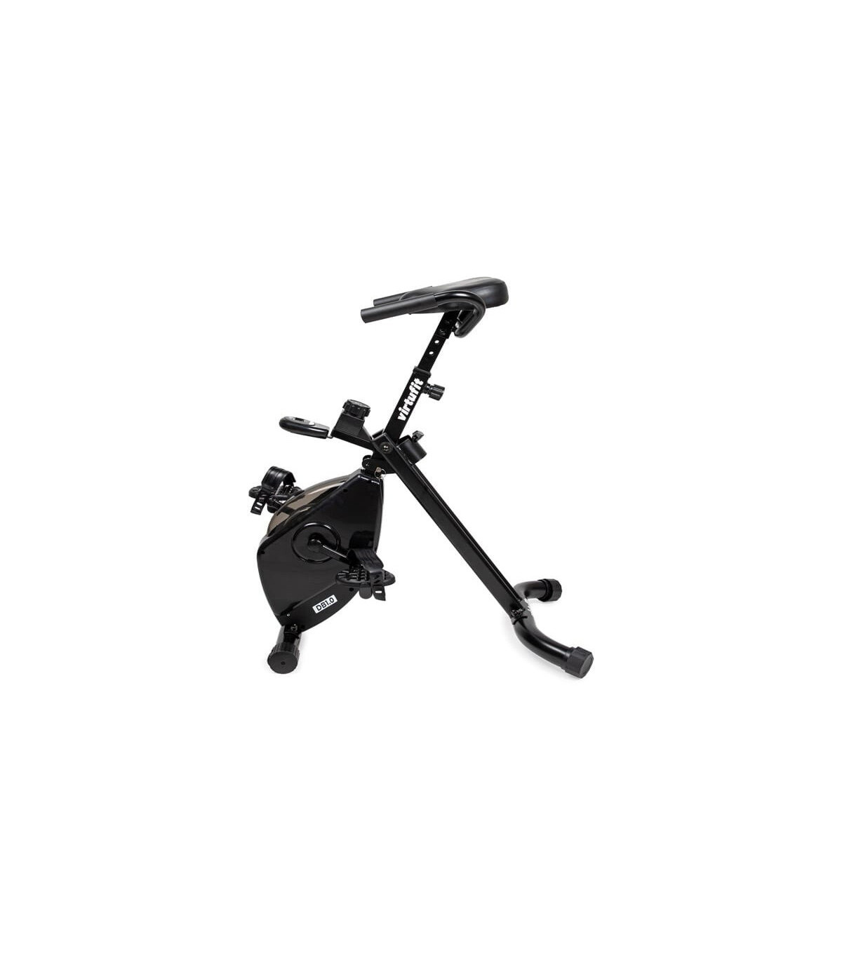 Schwarzes stationäres Trainingsfahrrad. Es hat einen Sitz, Lenker und Pedale.
