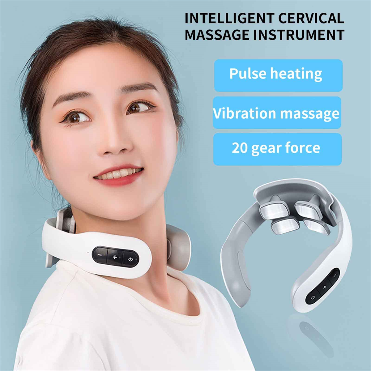 Frau mit weißem Nackenmassagegerät. Text: 'Pulsheizung', 'Vibrationsmassage', '20 Gänge Kraft'.