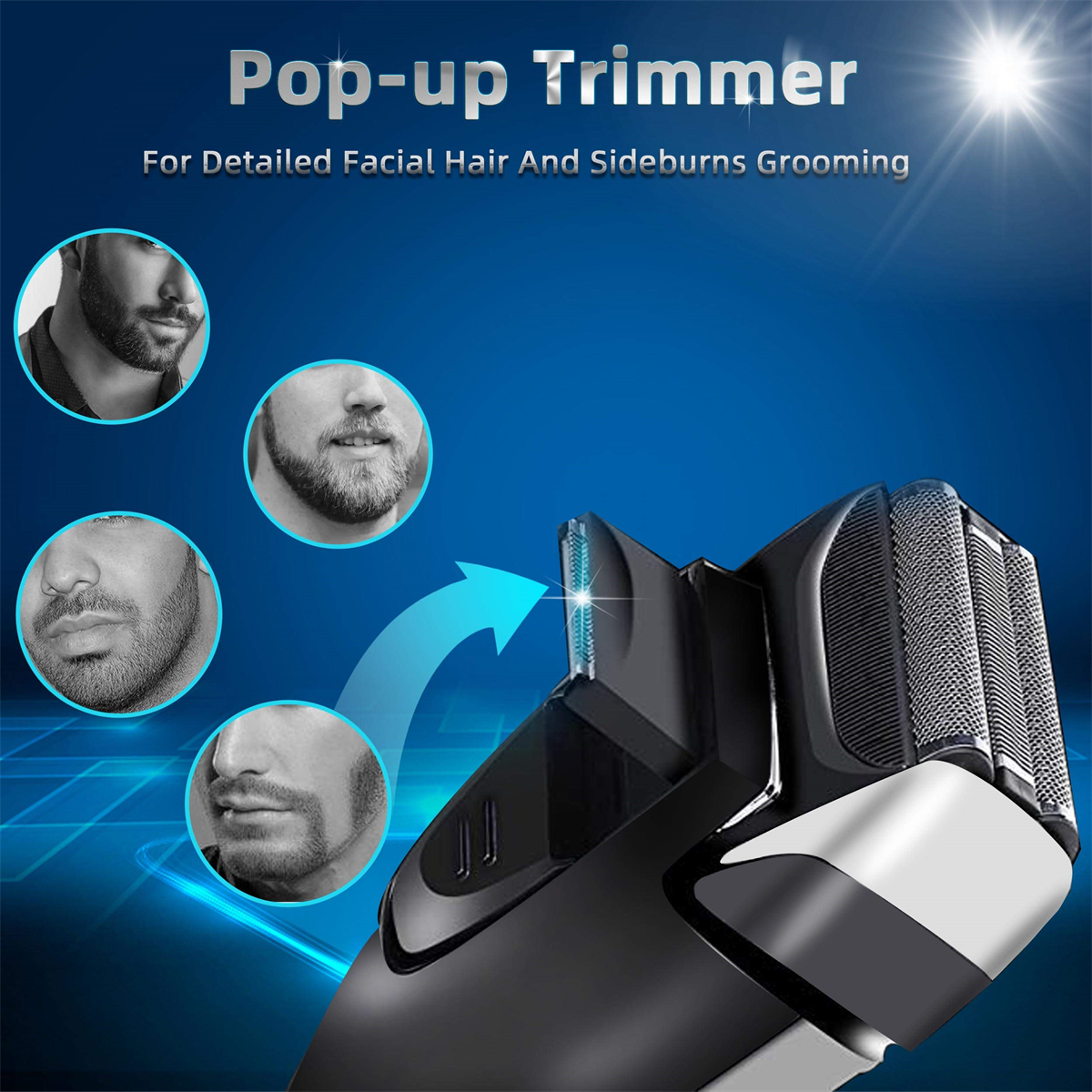 Pop-up-Trimmer für detaillierte Gesichtshaar- und Kotelettenpflege, Nahaufnahme.