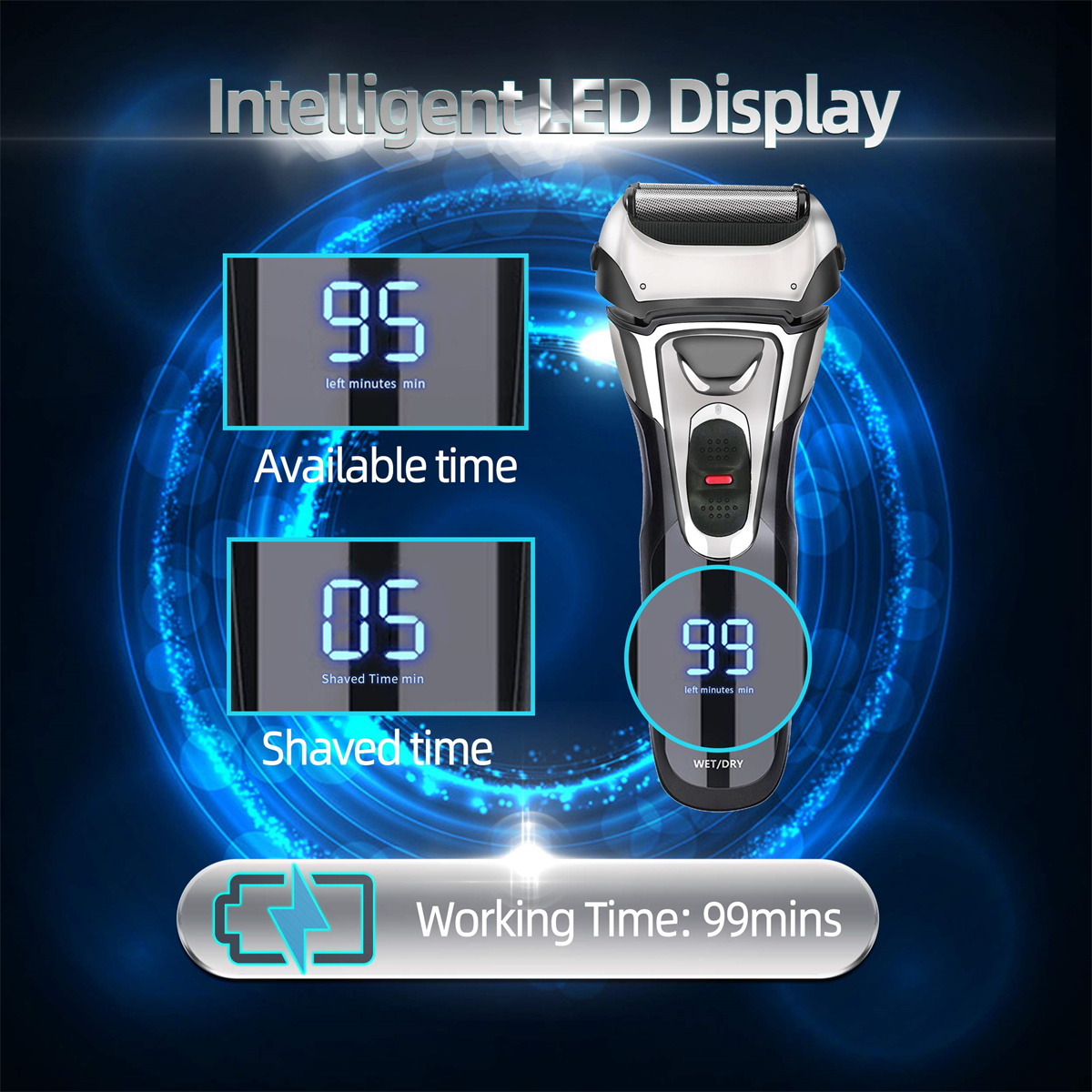 Ein Rasierer mit intelligentem LED-Display, das die verfügbare und rasierte Zeit anzeigt.