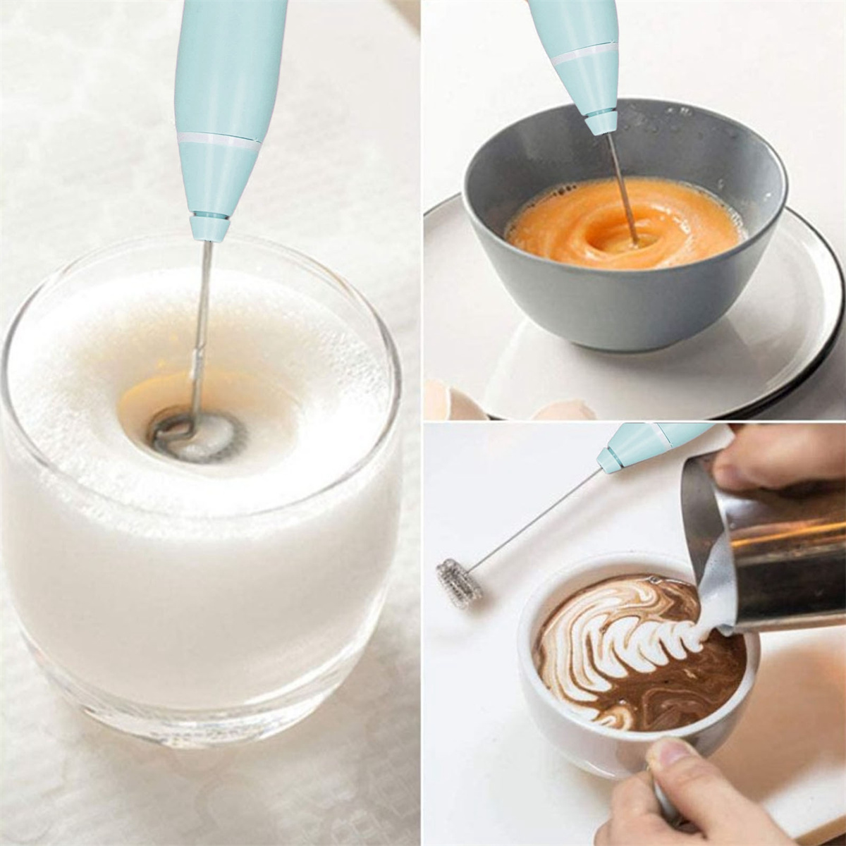 Drei Bilder eines Milchaufschäumers in Aktion: Milch aufschäumen, Eier mischen, Latte Art erstellen.
