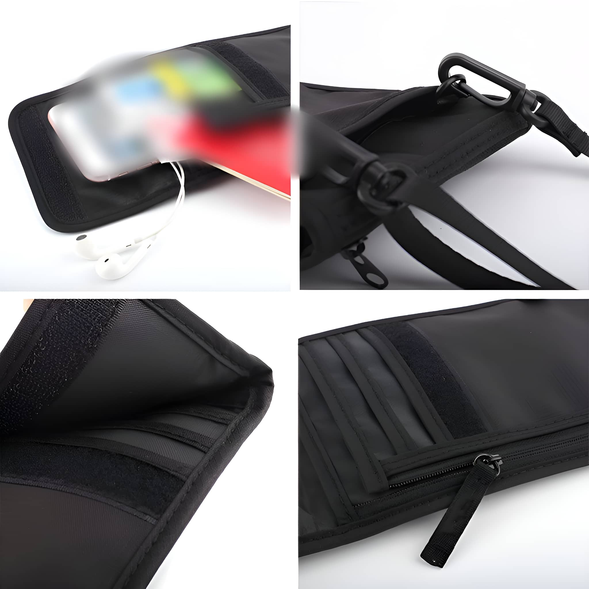 Nahaufnahmen einer schwarzen, wasserdichten Tasche mit Taschen, Telefon und Kopfhörern.