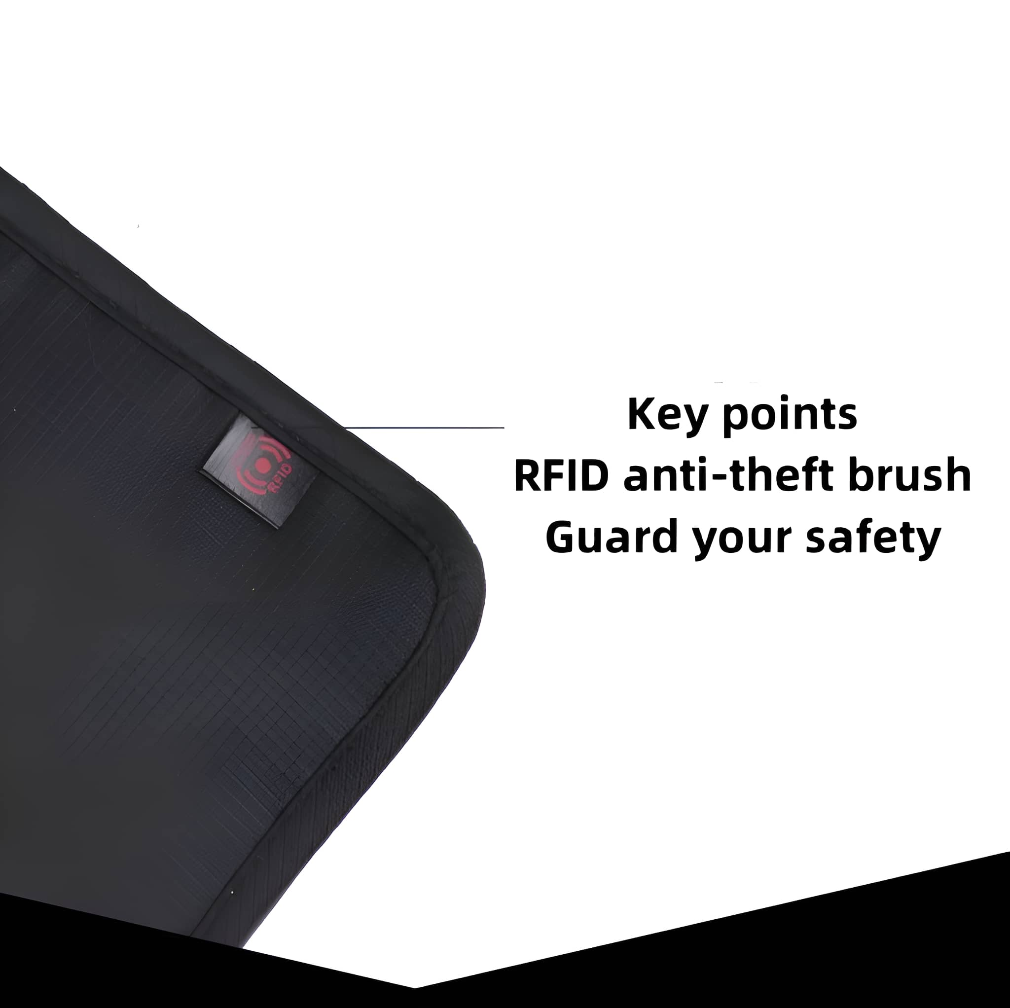 Eine schwarze Tasche mit RFID-Diebstahlschutz, mit Text "Wichtige Punkte, Schützen Sie Ihre Sicherheit".