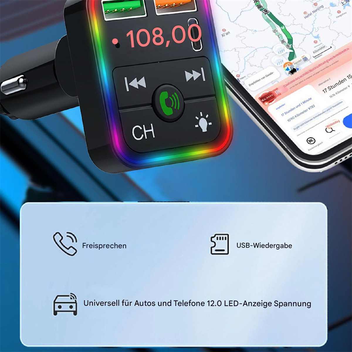 Ein Autogerät mit Bildschirm, der Radioinfos und eine Telefonkarte anzeigt. Symbole für Telefon und USB sind sichtbar.
