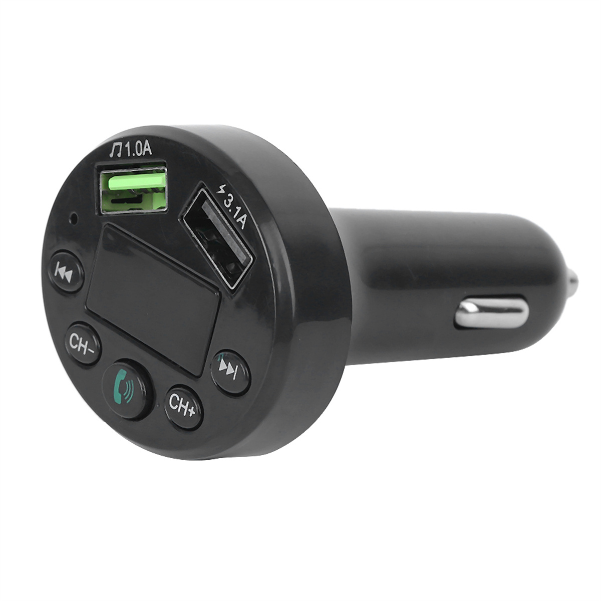 Ein schwarzes Autoladegerät mit zwei USB-Anschlüssen und mehreren Knöpfen, das auf einer weißen Oberfläche liegt.